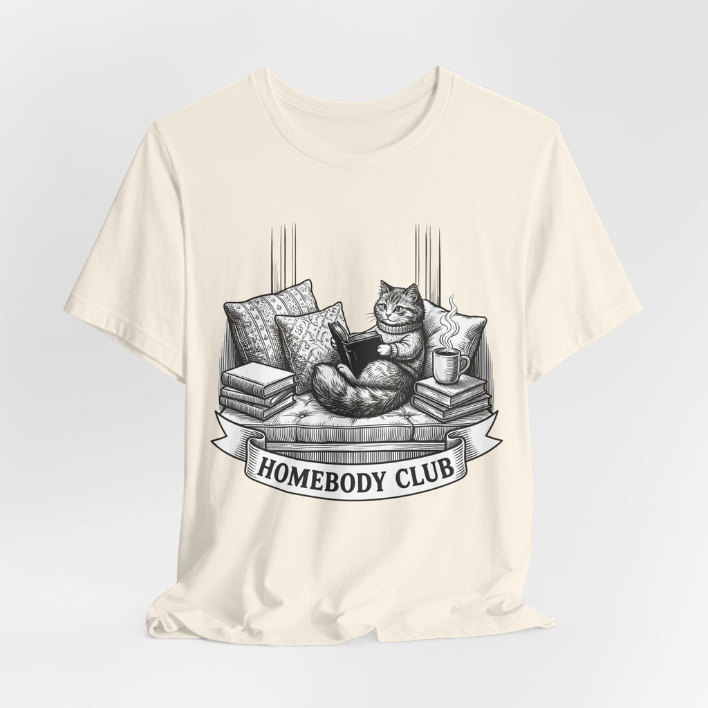 Homebody Club T-Shirt — Cozy Cat Reading Graphic Tee
