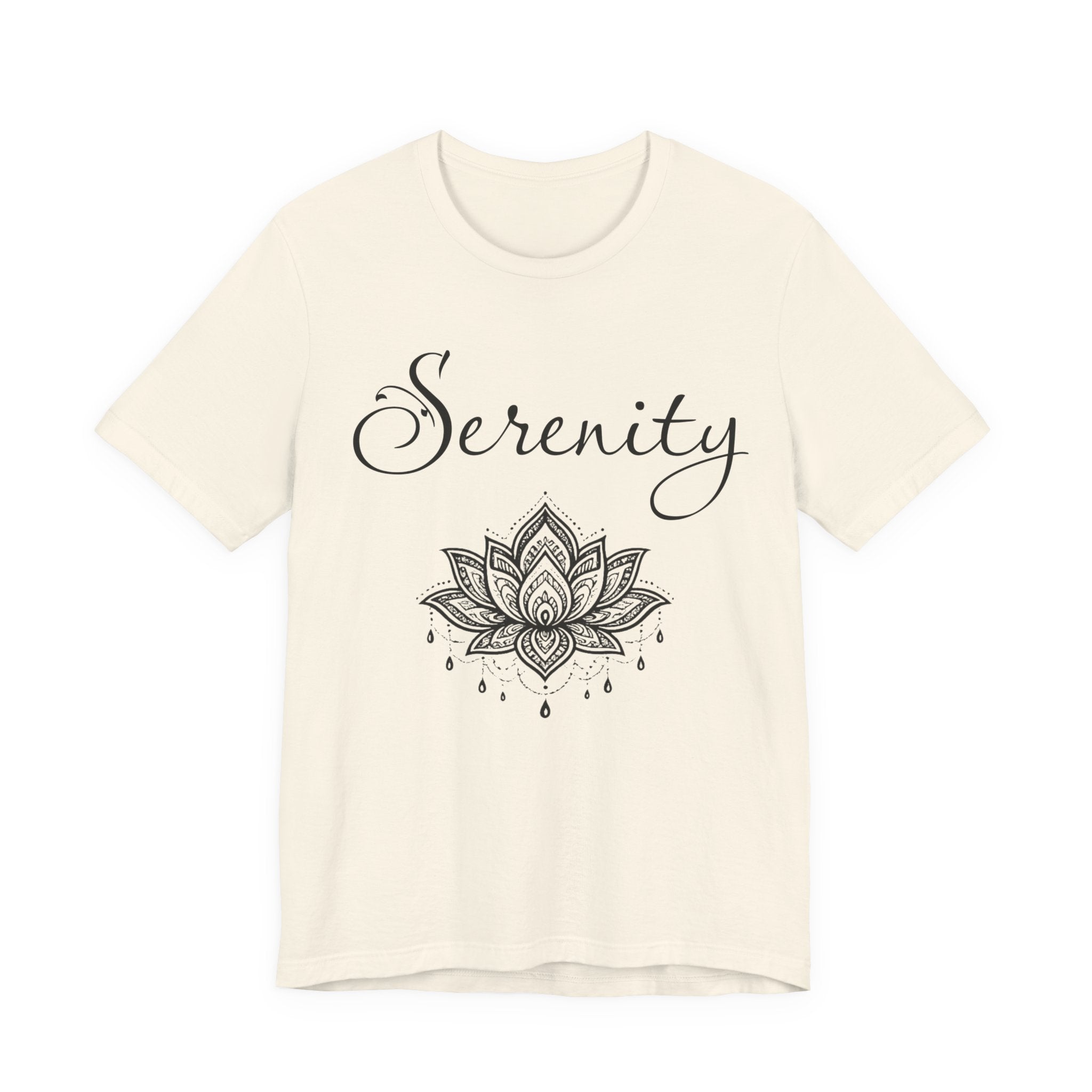 Serenity Lotus T-Shirt — Calming Yoga Tee with Script Text