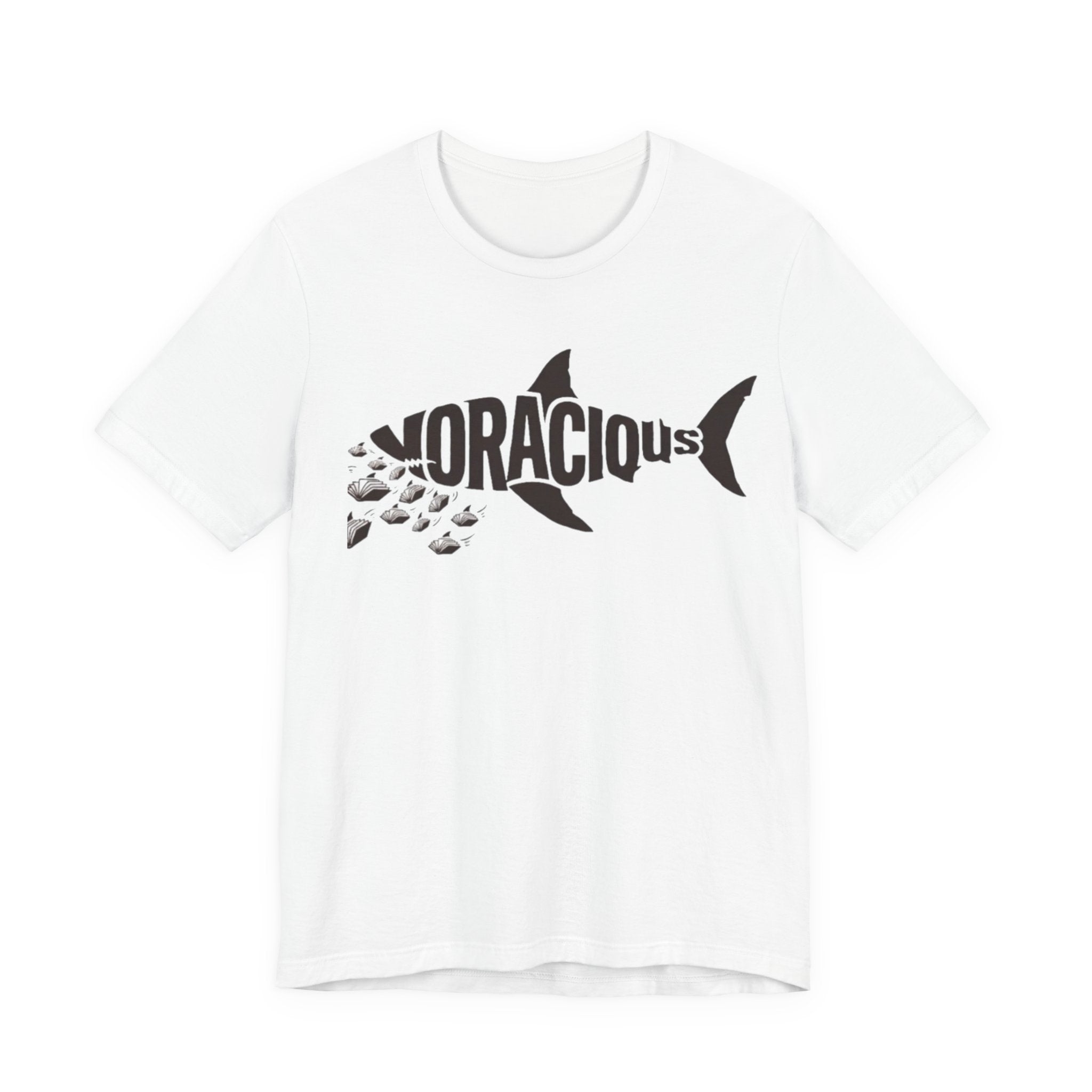 Voracius Reader Shark Graphic Tee — Shark Silhouette with Fish School Design