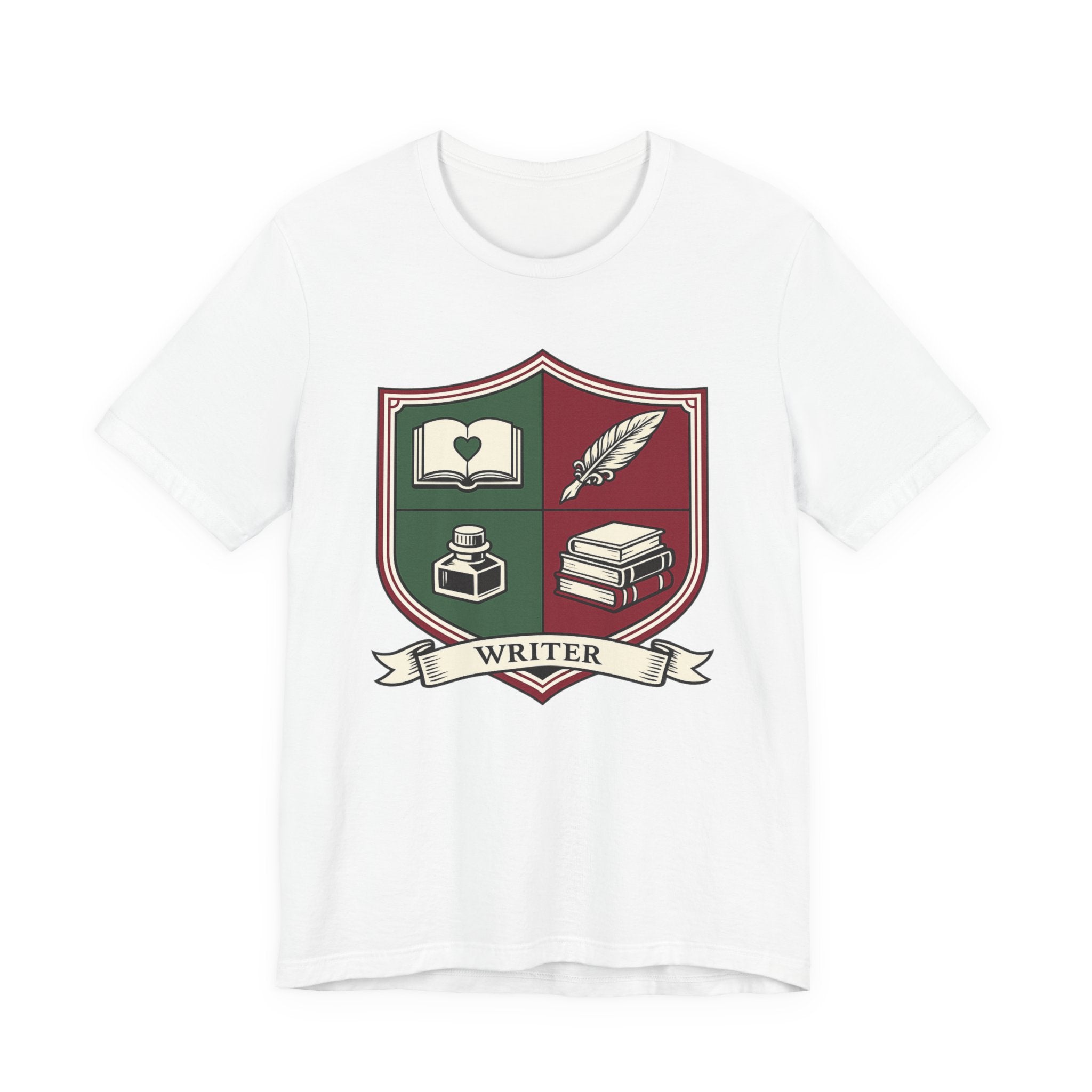Writer Crest T‑Shirt — Literary Shield Tee with Quill, Books & Ink