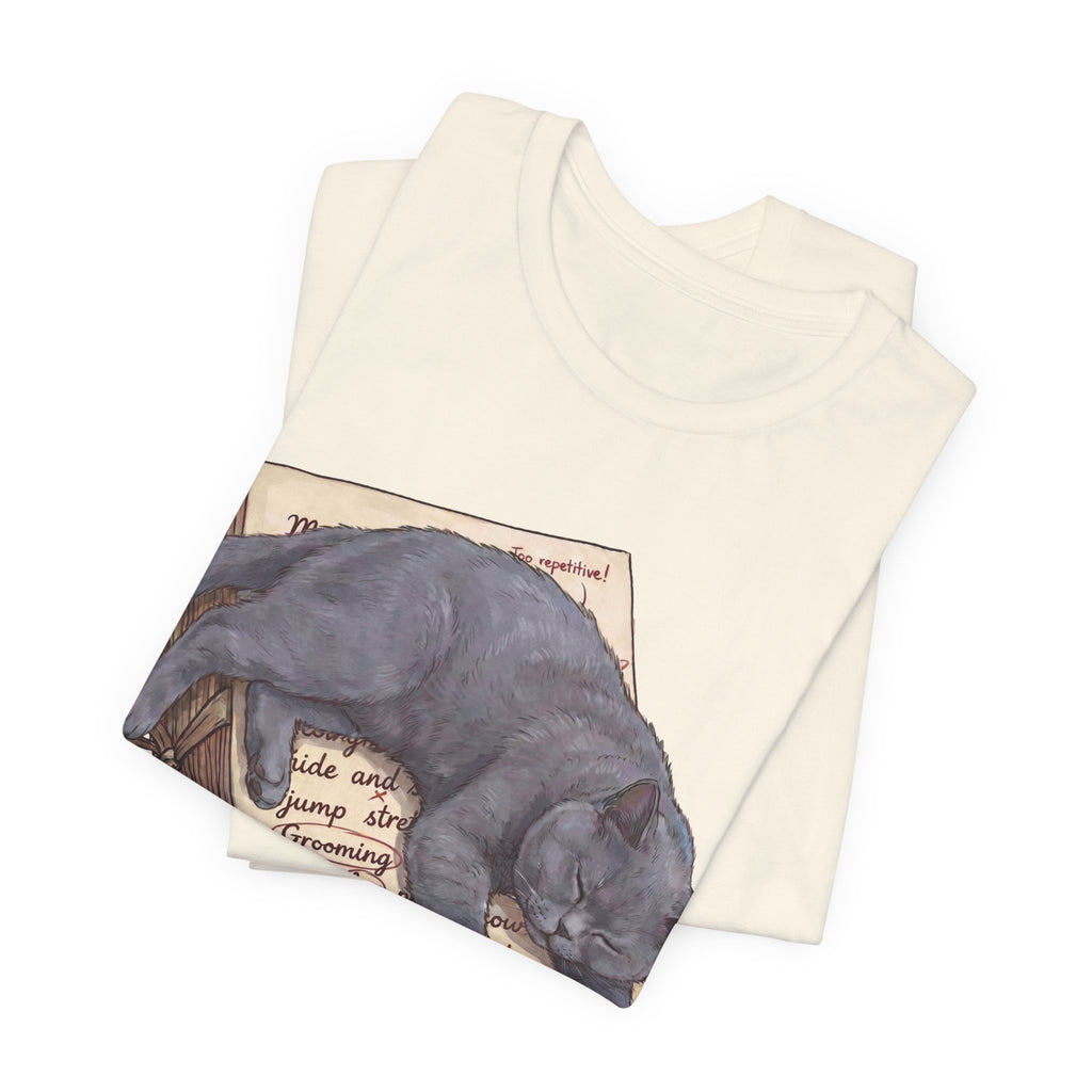 Sleeping Grey Cat on Book T‑Shirt — Literary Cat Lover Tee
