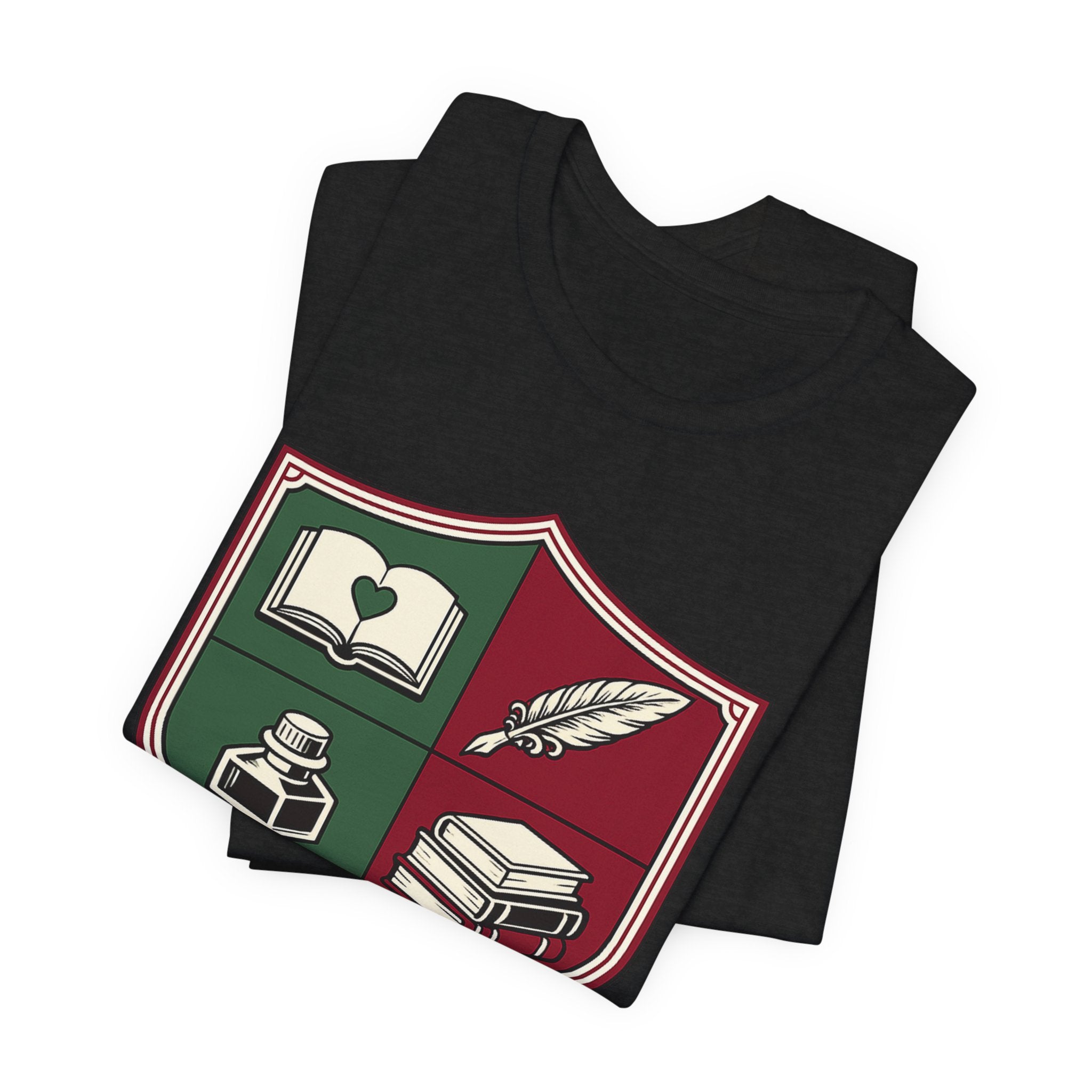 Writer Crest T‑Shirt — Literary Shield Tee with Quill, Books & Ink