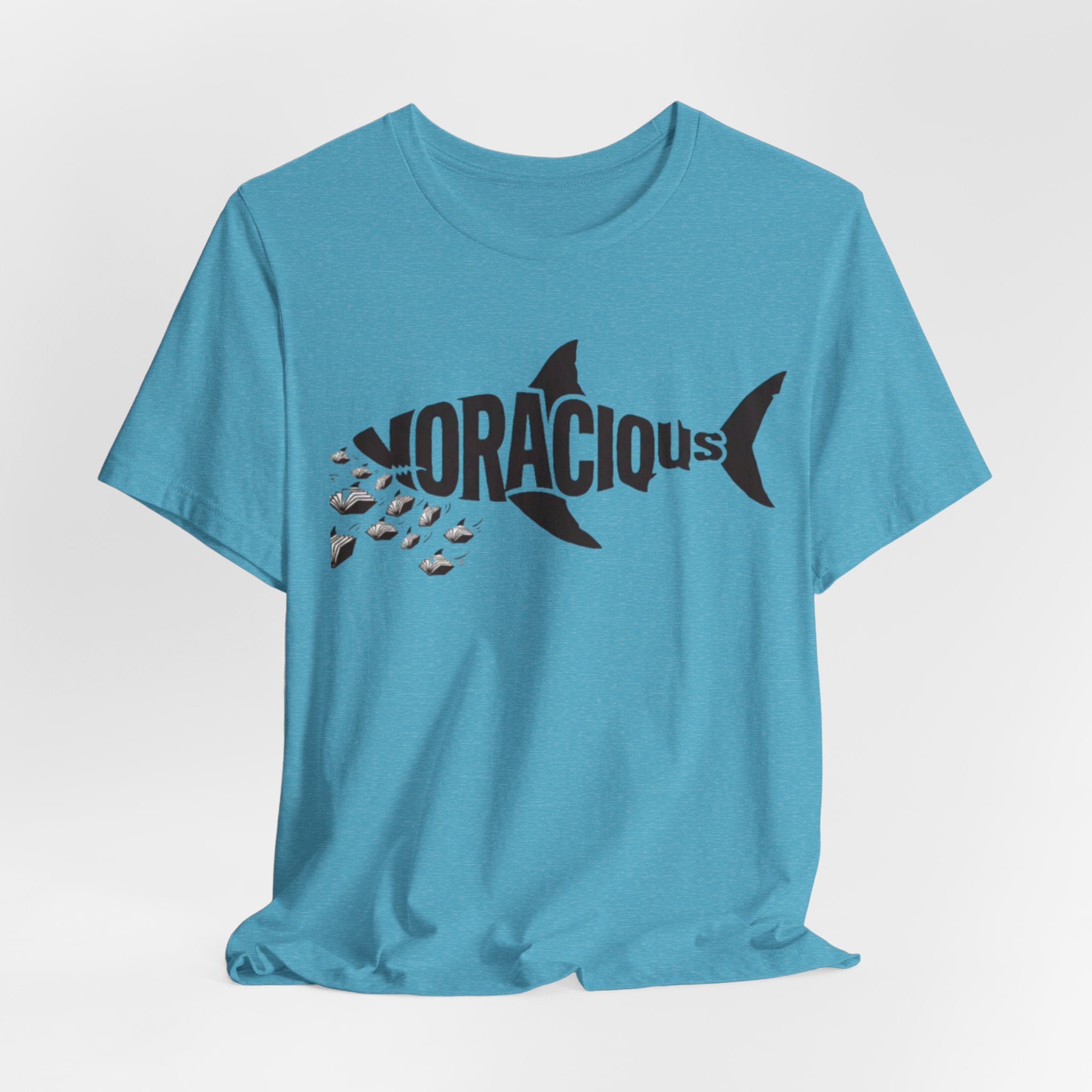 Voracius Reader Shark Graphic Tee — Shark Silhouette with Fish School Design