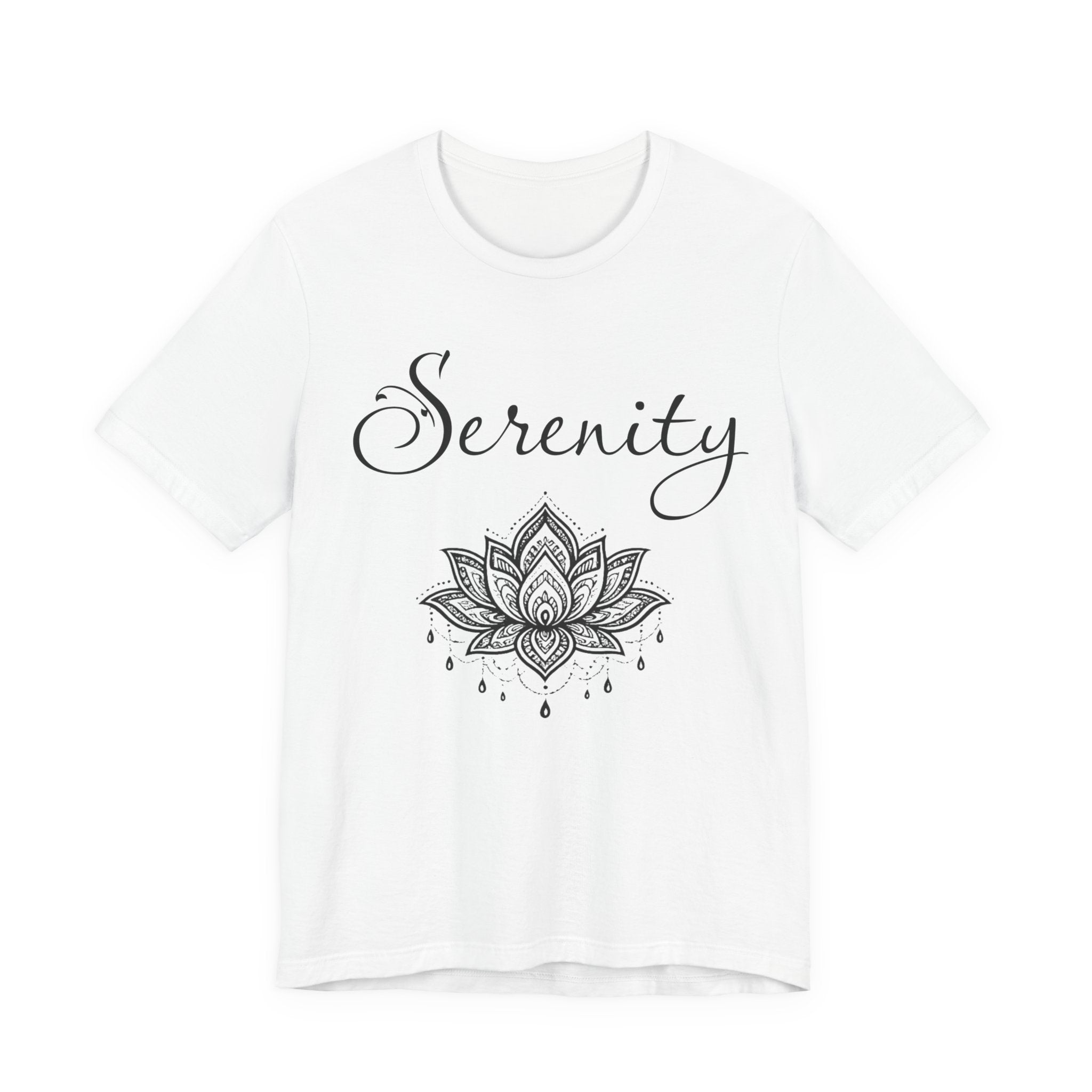 Serenity Lotus T-Shirt — Calming Yoga Tee with Script Text
