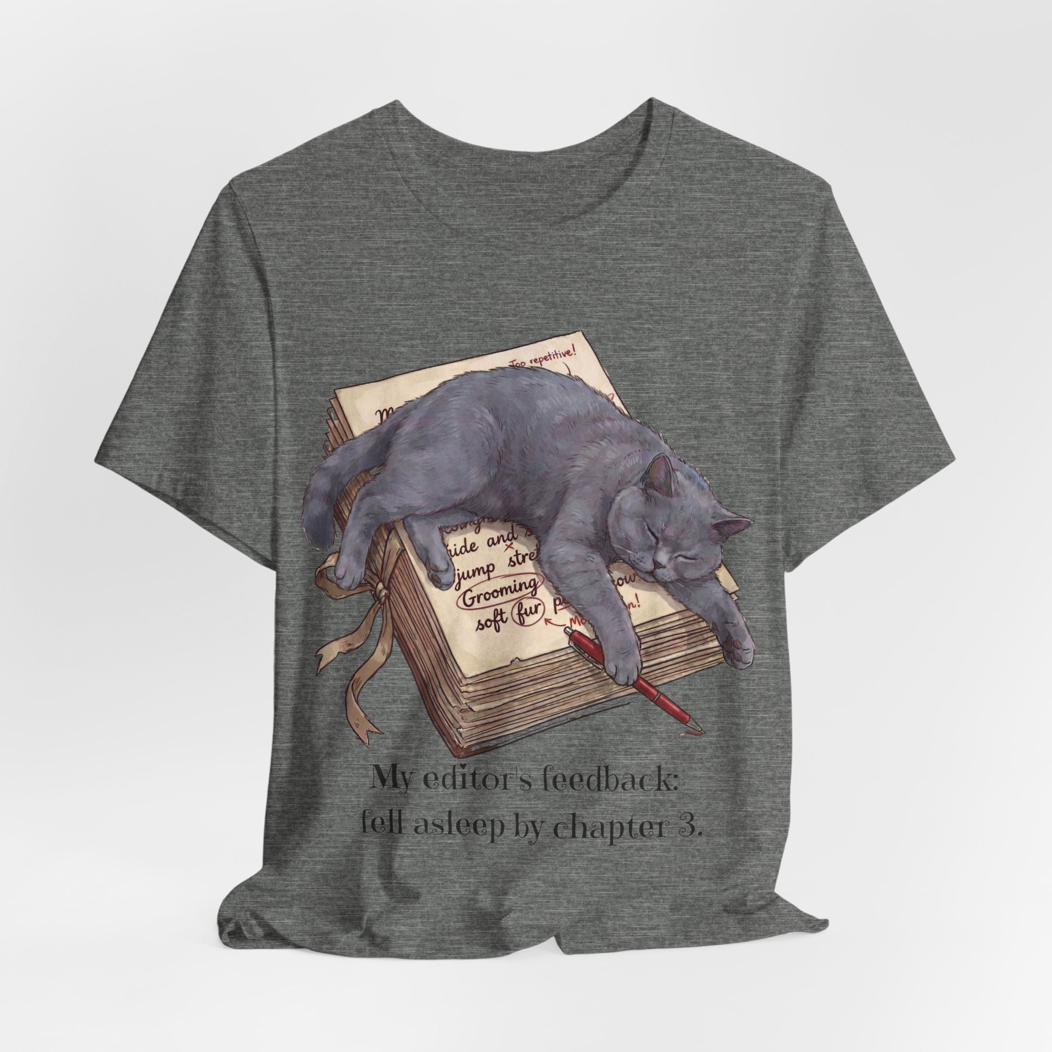 Sleeping Grey Cat on Book T‑Shirt — Literary Cat Lover Tee