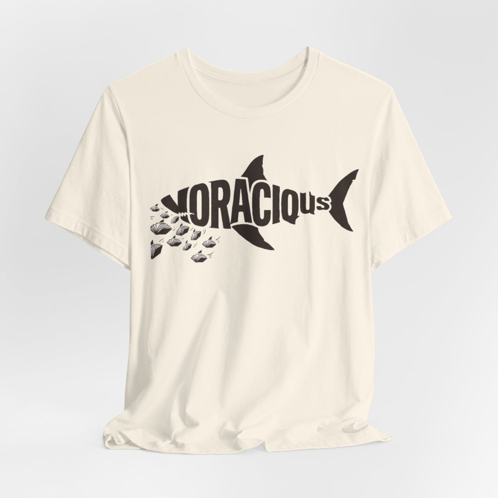 Voracius Reader Shark Graphic Tee — Shark Silhouette with Fish School Design