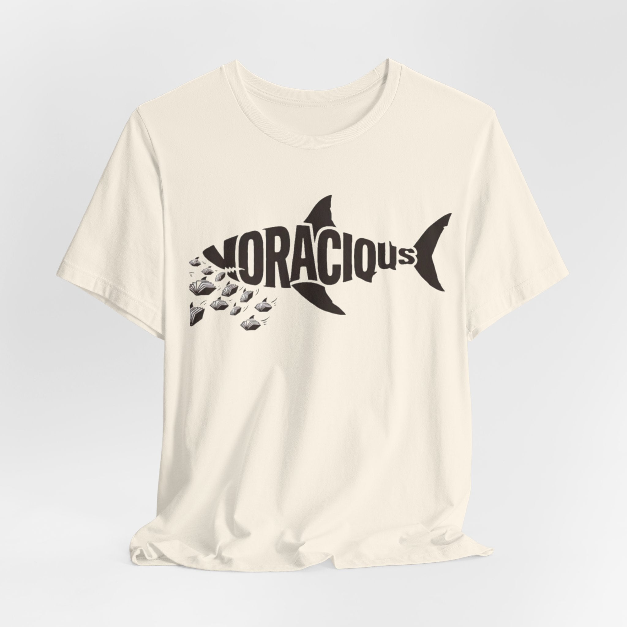 Voracius Reader Shark Graphic Tee — Shark Silhouette with Fish School Design