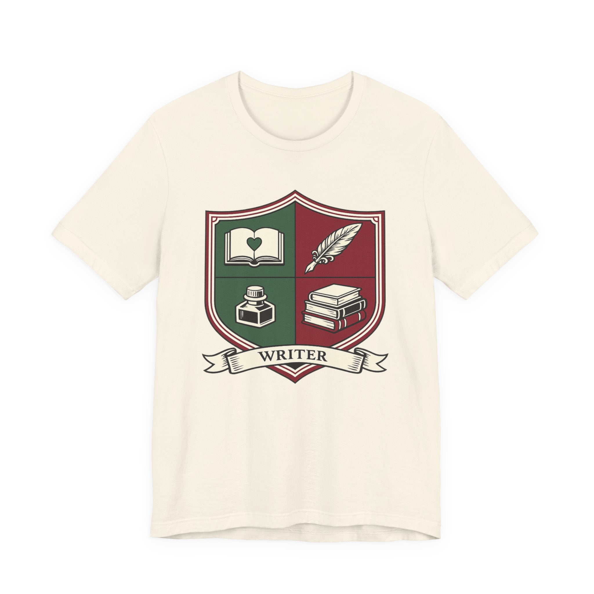Writer Crest T‑Shirt — Literary Shield Tee with Quill, Books & Ink