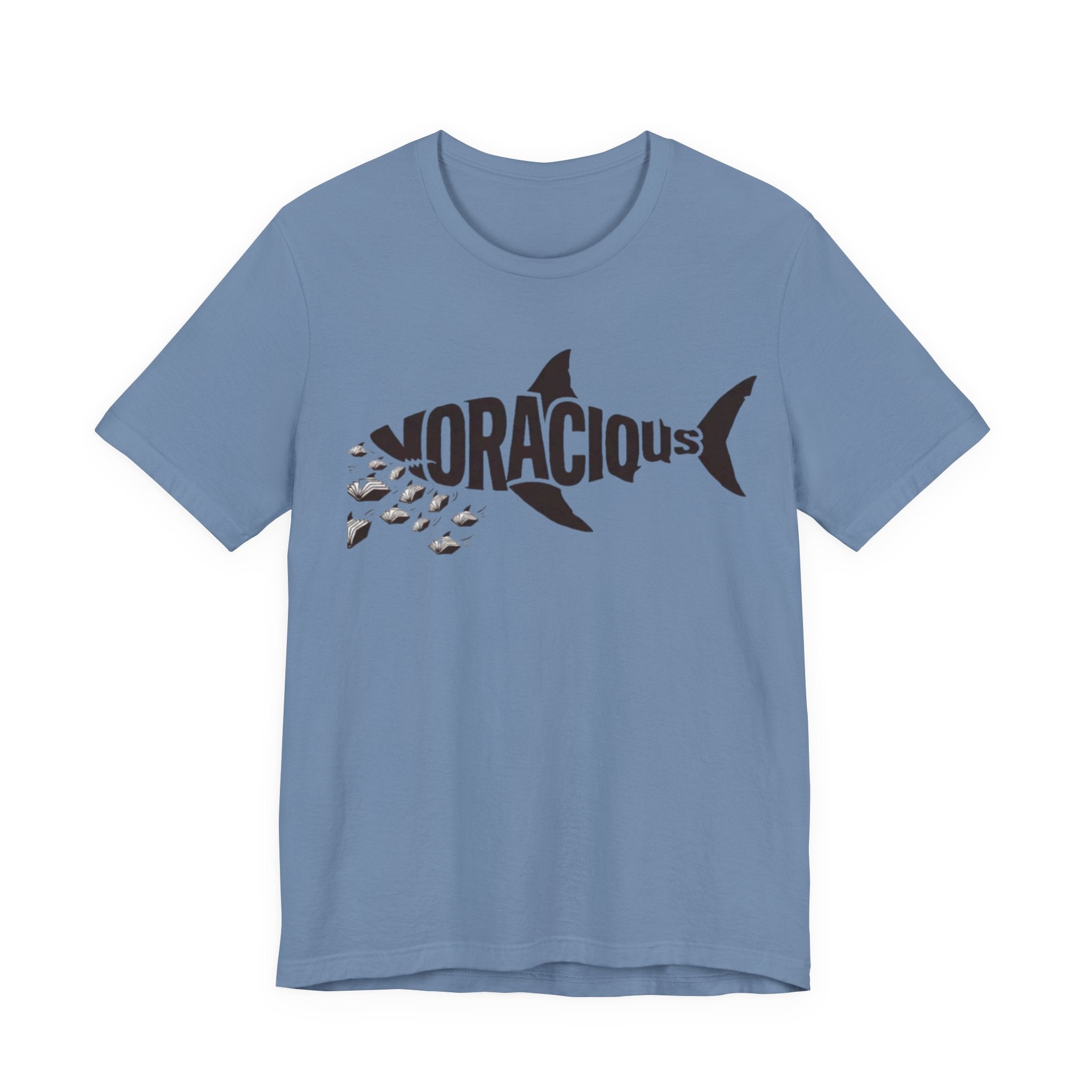 Voracius Reader Shark Graphic Tee — Shark Silhouette with Fish School Design