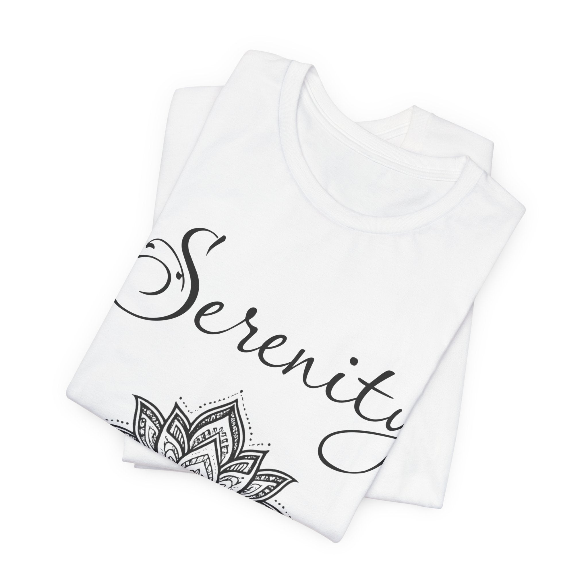 Serenity Lotus T-Shirt — Calming Yoga Tee with Script Text
