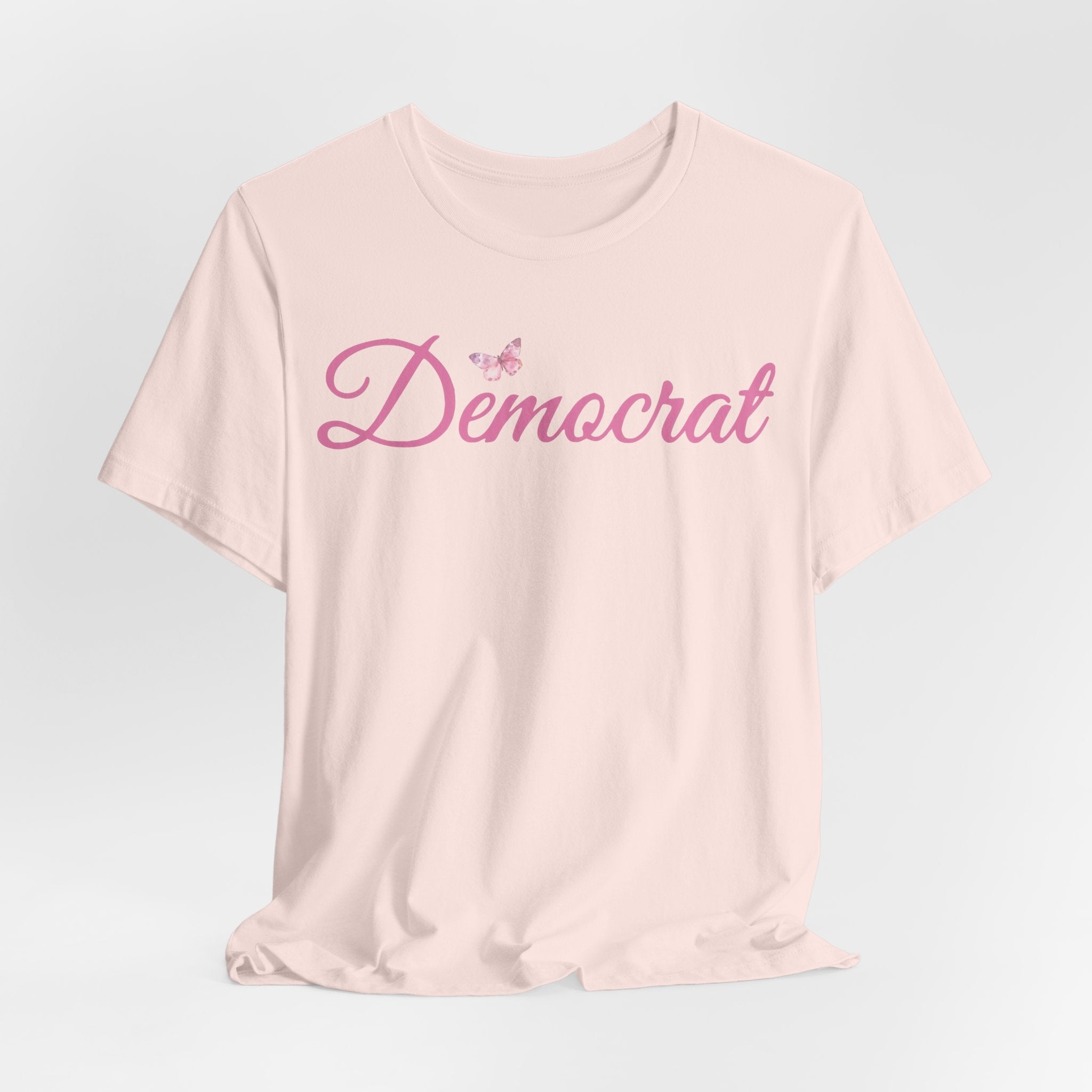 Democrat Butterfly Tee — Pink Script Political T‑Shirt