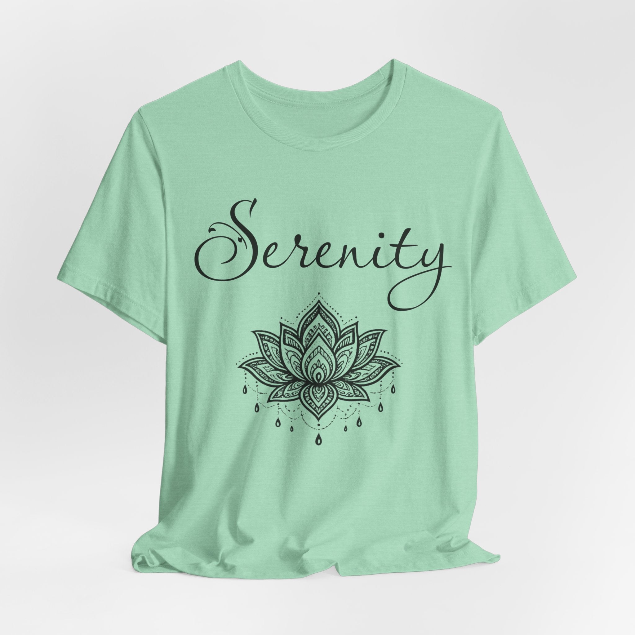 Serenity Lotus T-Shirt — Calming Yoga Tee with Script Text