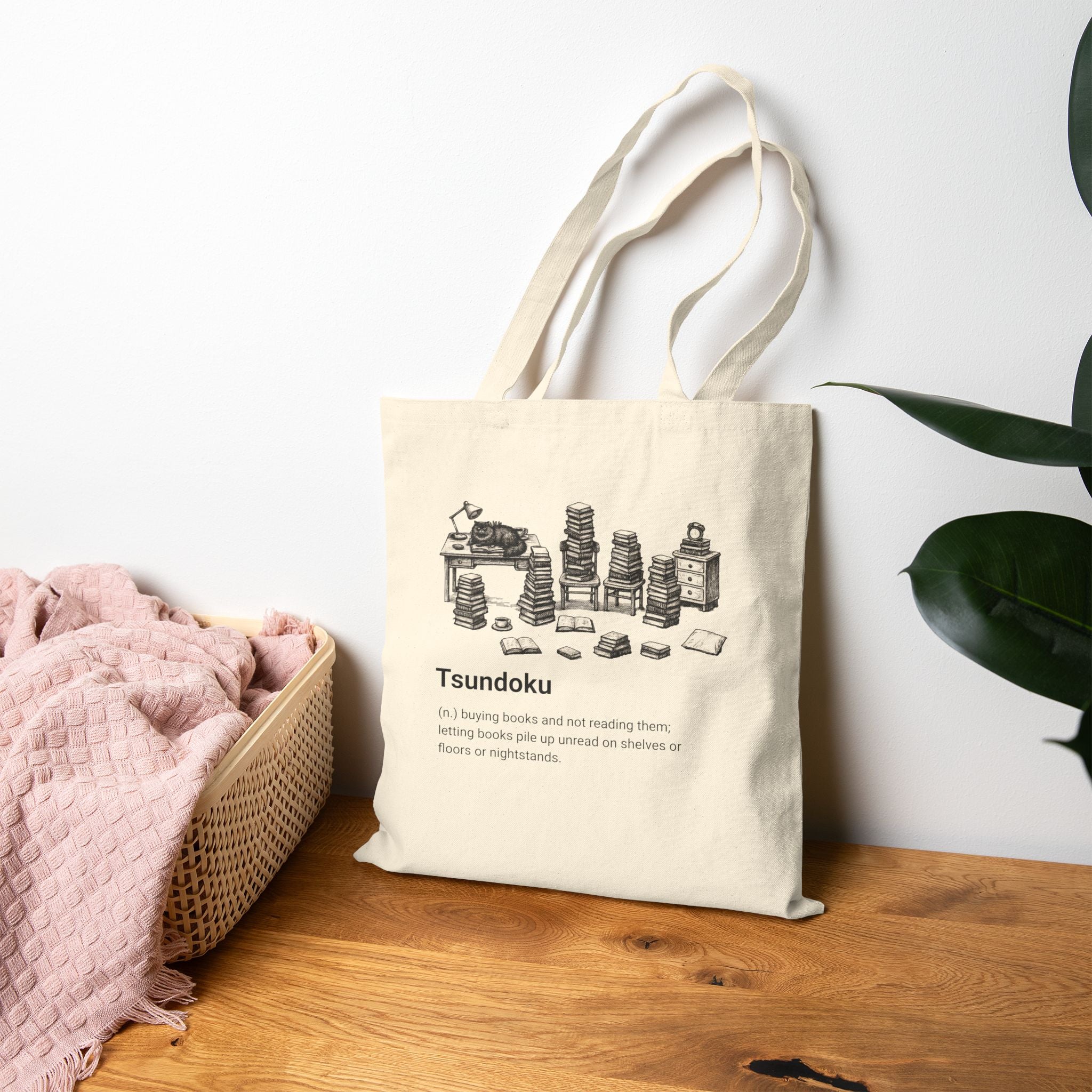 Tsundoku Canvas Tote Bag — Book Lover Tsundoku Definition Illustration