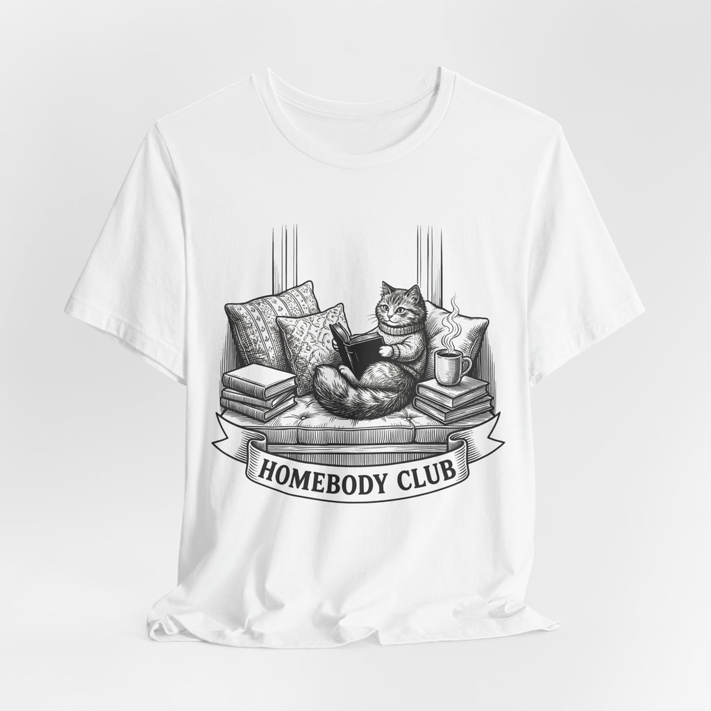 Homebody Club T-Shirt — Cozy Cat Reading Graphic Tee