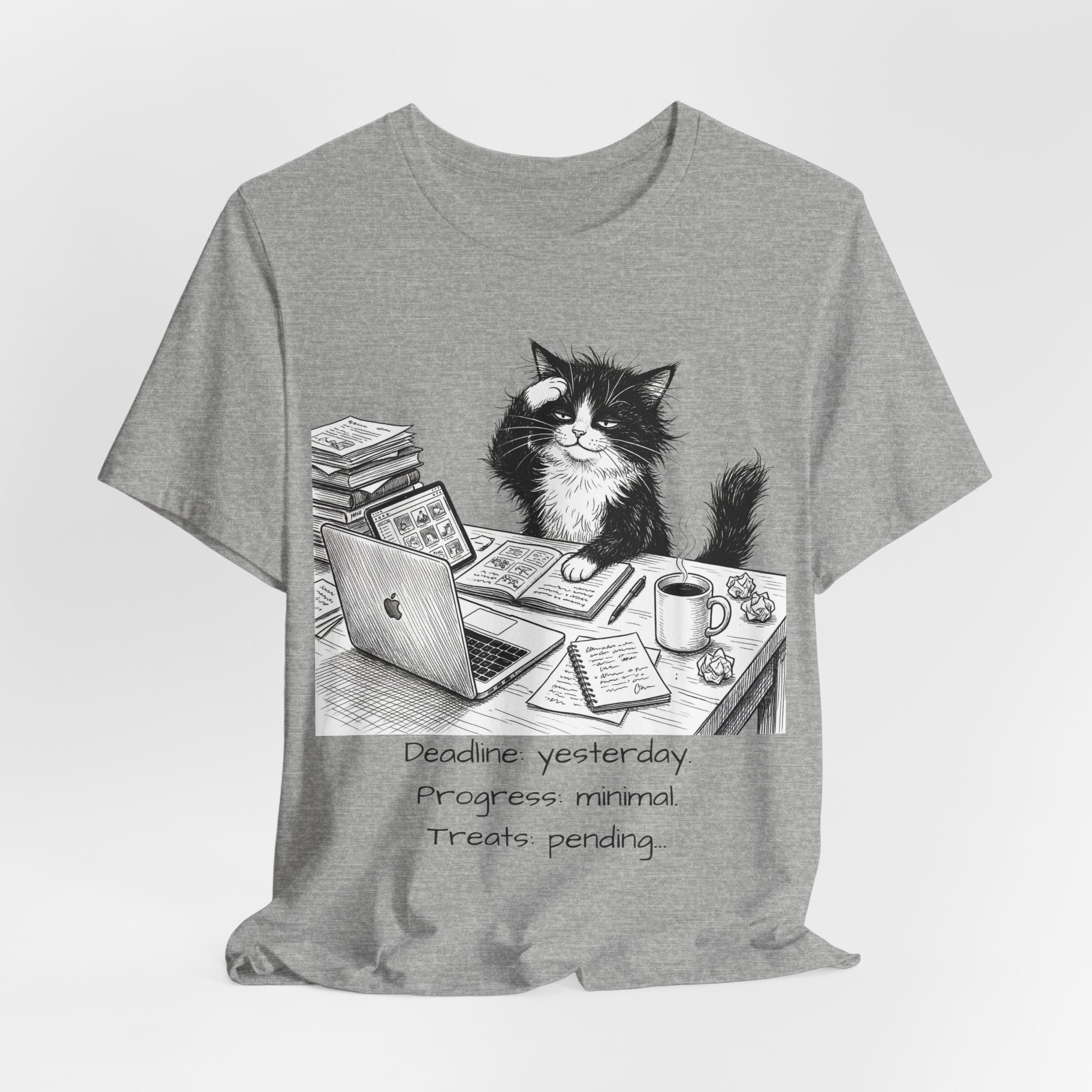“Deadline yesterday, Progress normal, Treats pending” Cute Office Cat Tee