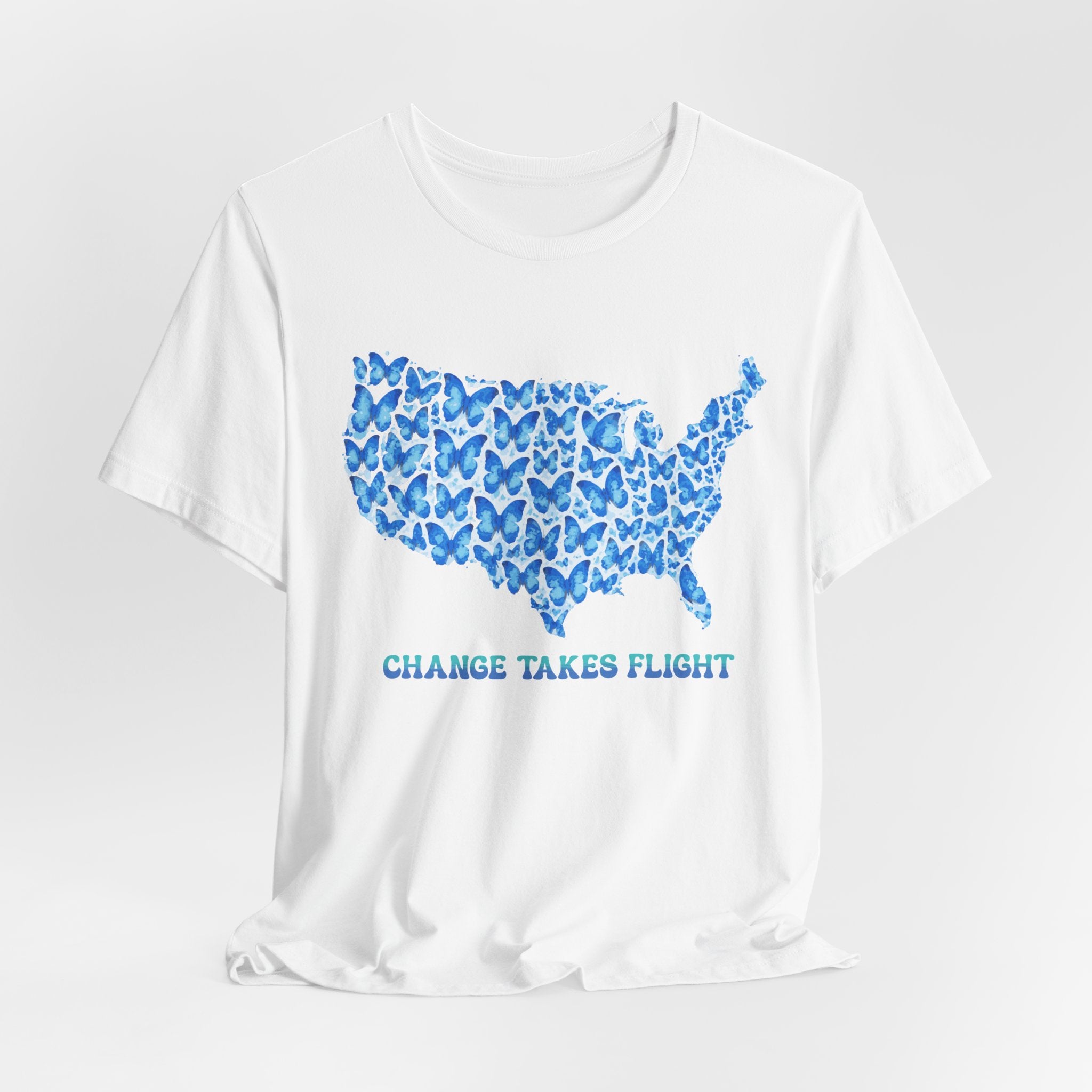 Change Takes Flight T-Shirt — Blue Butterfly USA Map Graphic Tee
