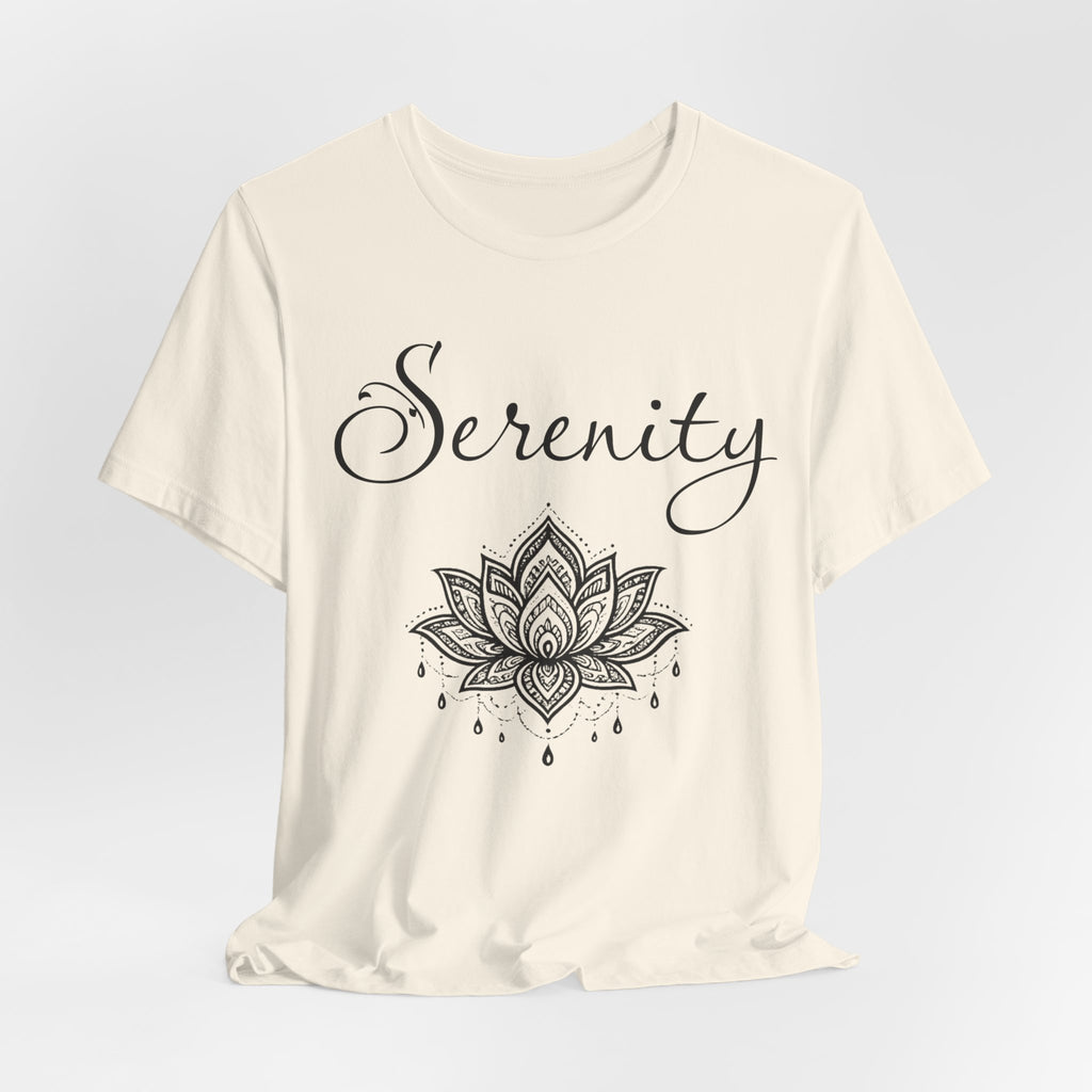 Serenity Lotus T-Shirt — Calming Yoga Tee with Script Text