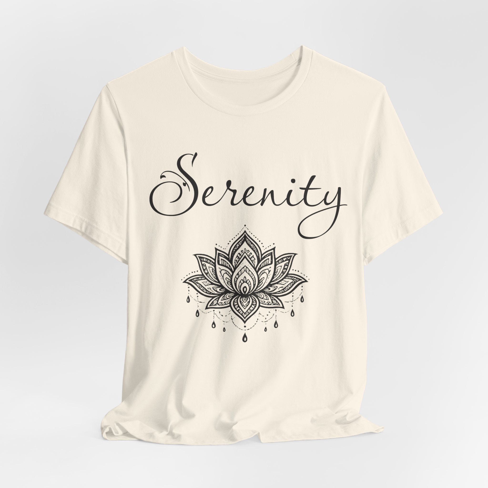 Serenity Lotus T-Shirt — Calming Yoga Tee with Script Text