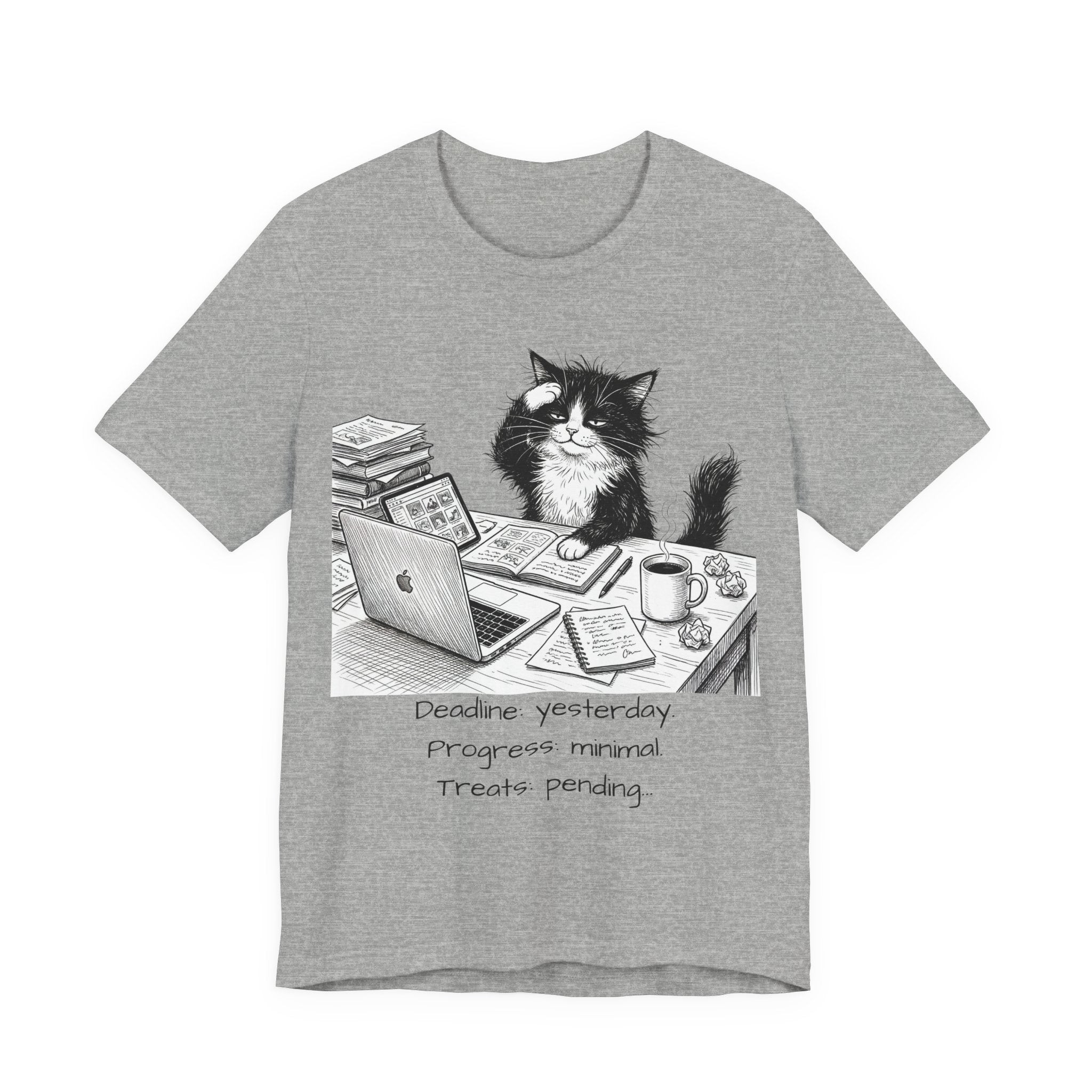 “Deadline yesterday, Progress normal, Treats pending” Cute Office Cat Tee