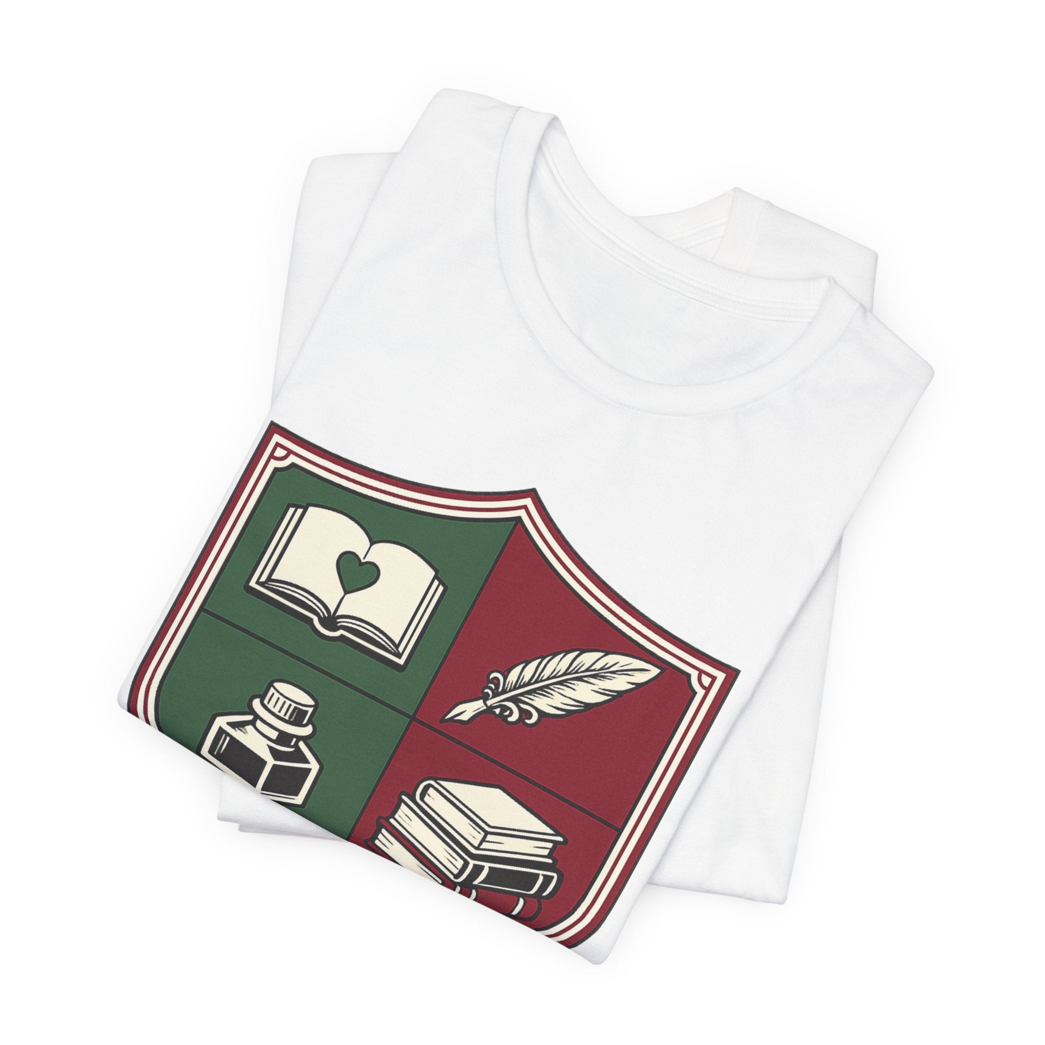Writer Crest T‑Shirt — Literary Shield Tee with Quill, Books & Ink