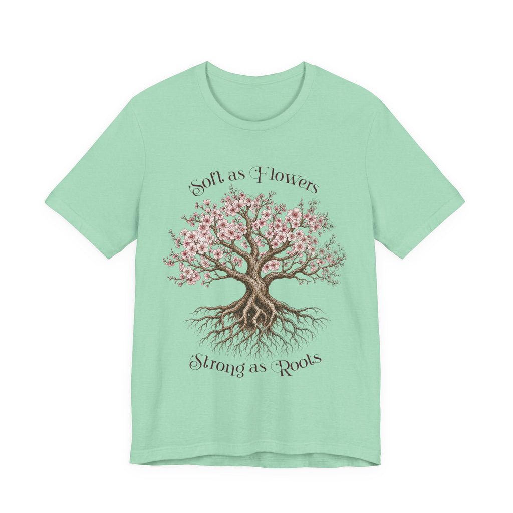 Soft as Flowers Strong as Roots T-Shirt — Cherry Blossom Tree Graphic Tee