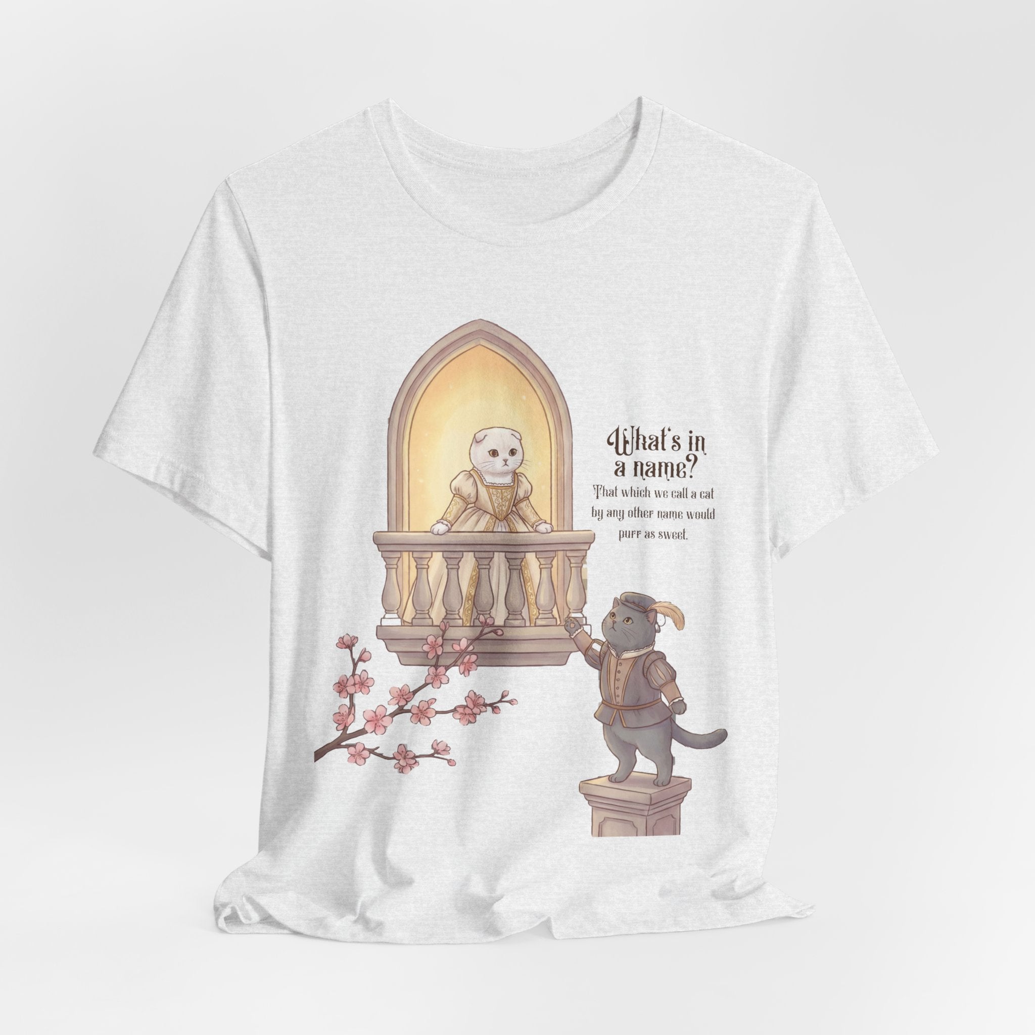 Romeo & Feline Balcony Tee — Cute Romantic Cat Illustration T-Shirt