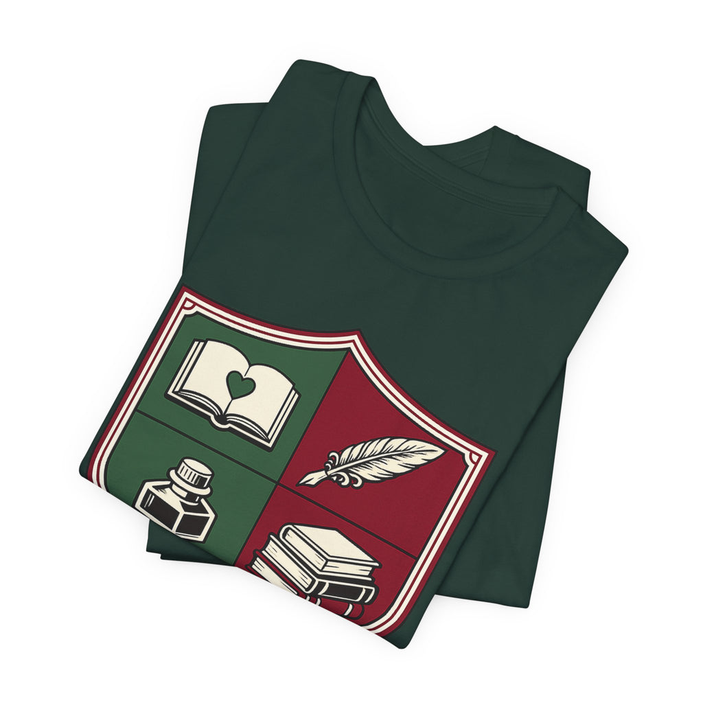 Writer Crest T‑Shirt — Literary Shield Tee with Quill, Books & Ink