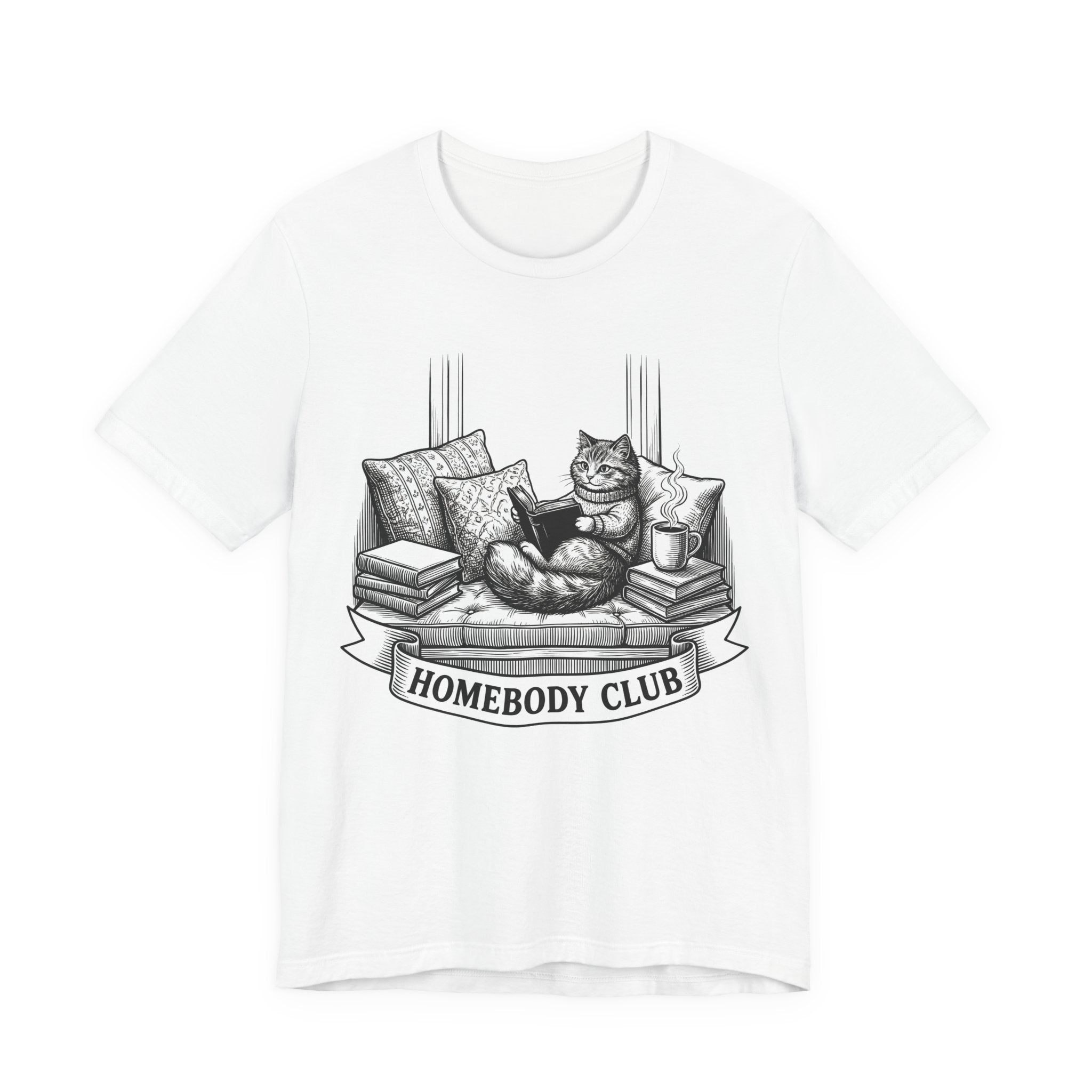 Homebody Club T-Shirt — Cozy Cat Reading Graphic Tee