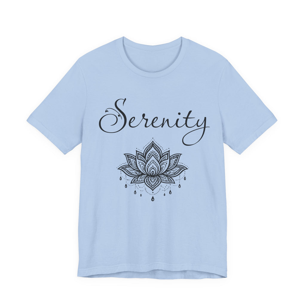 Serenity Lotus T-Shirt — Calming Yoga Tee with Script Text