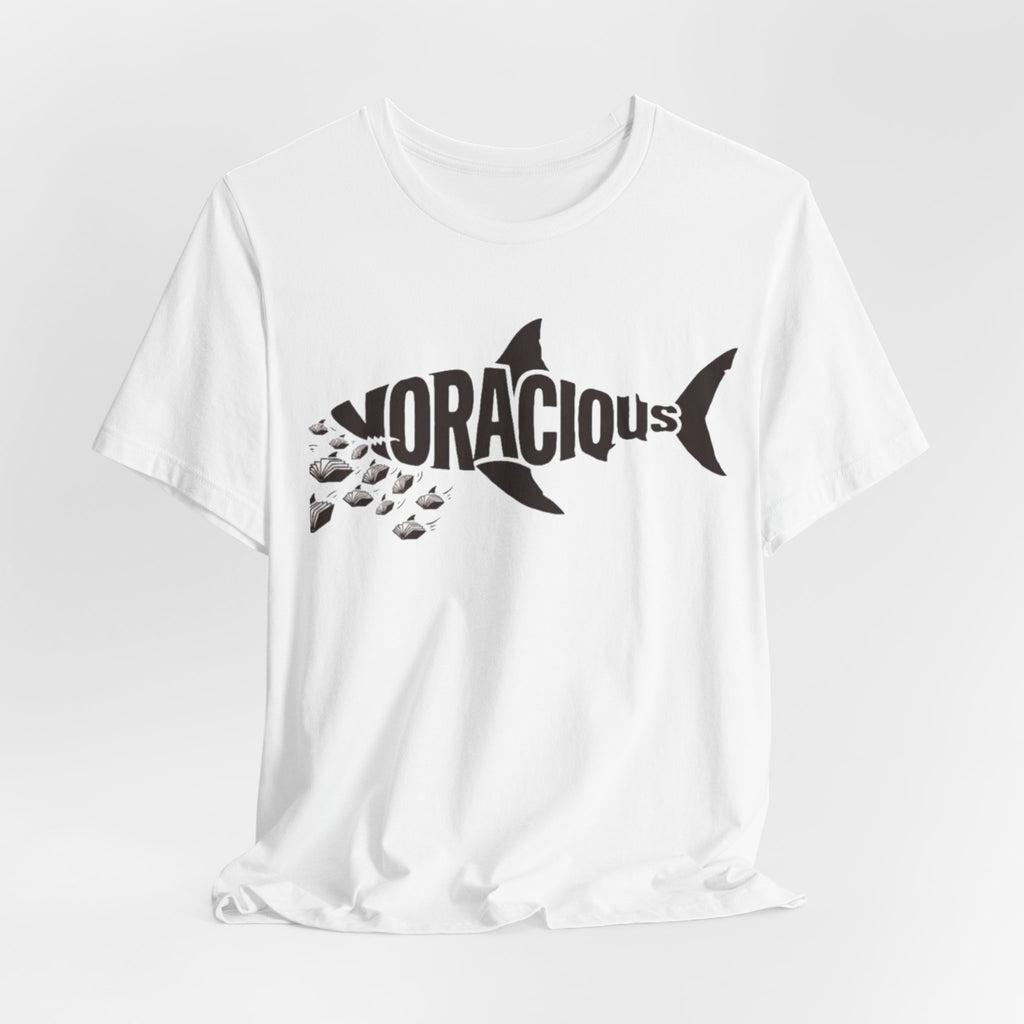 Voracius Reader Shark Graphic Tee — Shark Silhouette with Fish School Design