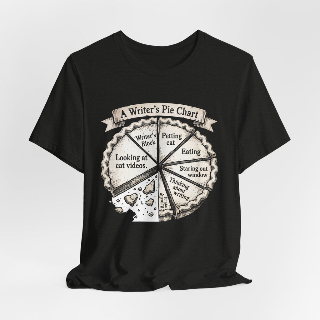 Writer’s Pie Chart T‑Shirt — Funny Cat & Writing Humor Tee