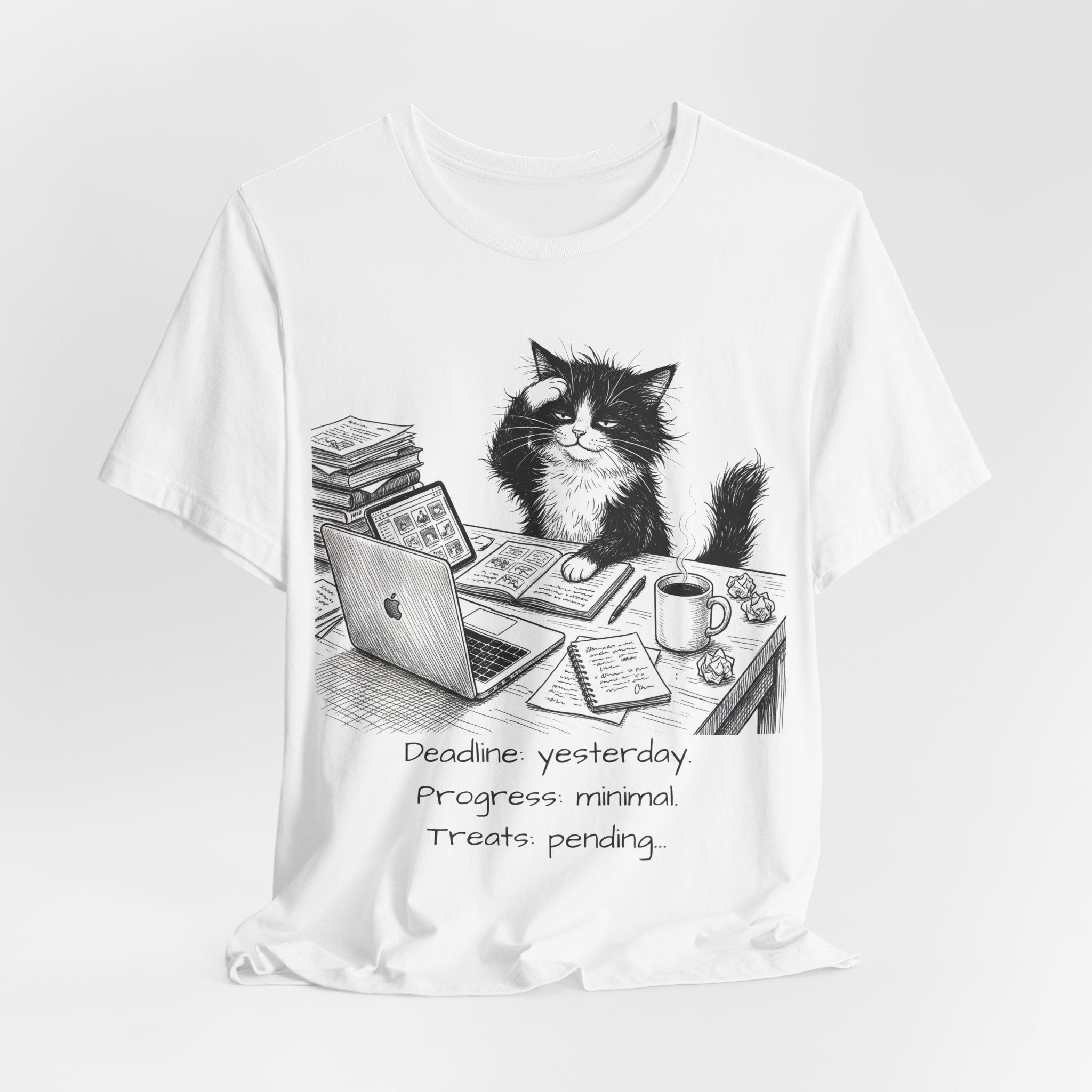 “Deadline yesterday, Progress normal, Treats pending” Cute Office Cat Tee
