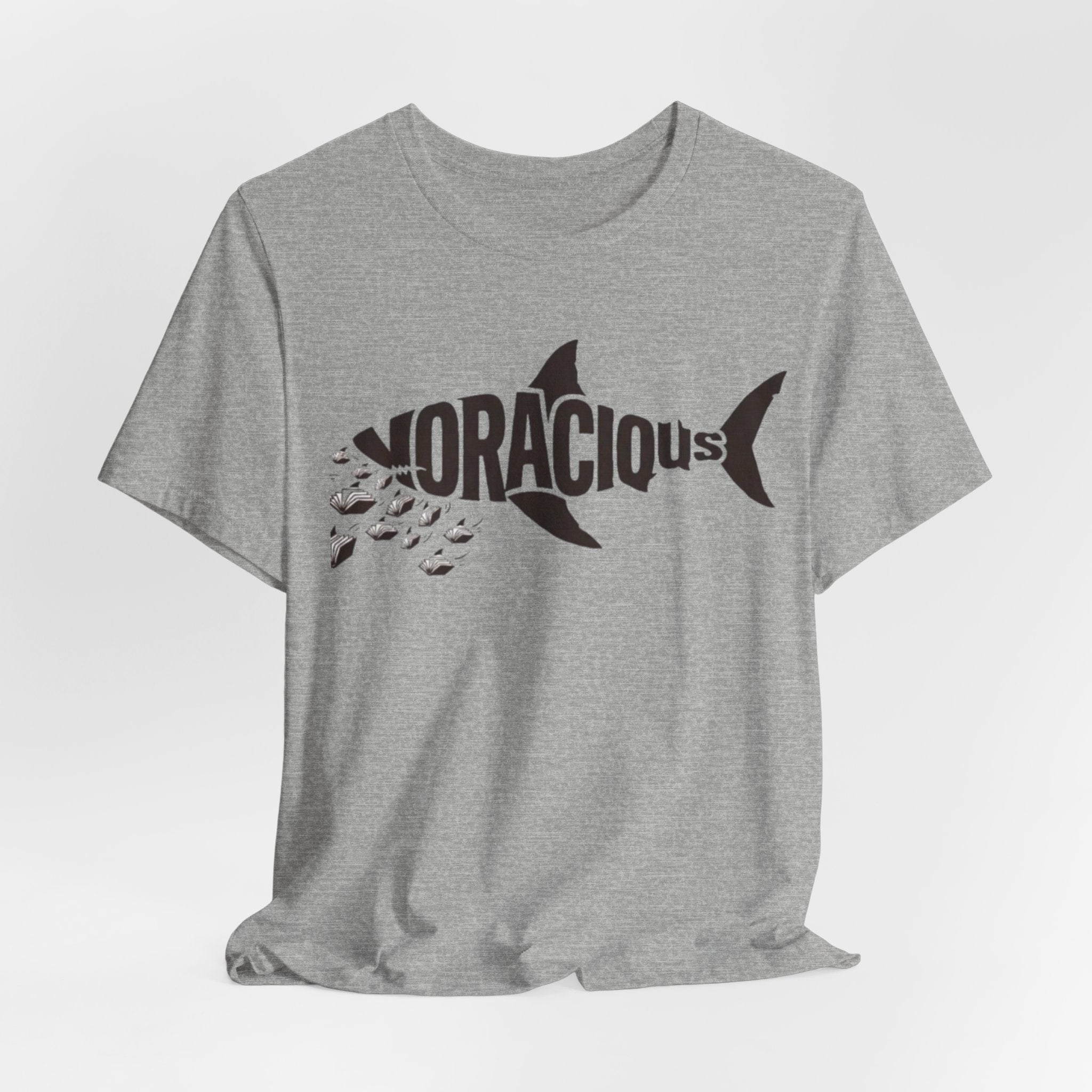 Voracius Reader Shark Graphic Tee — Shark Silhouette with Fish School Design