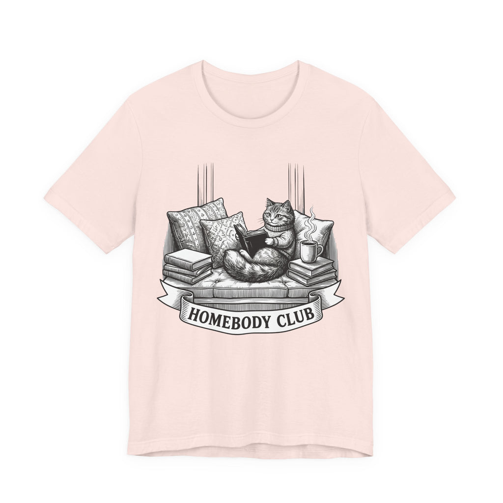 Homebody Club T-Shirt — Cozy Cat Reading Graphic Tee