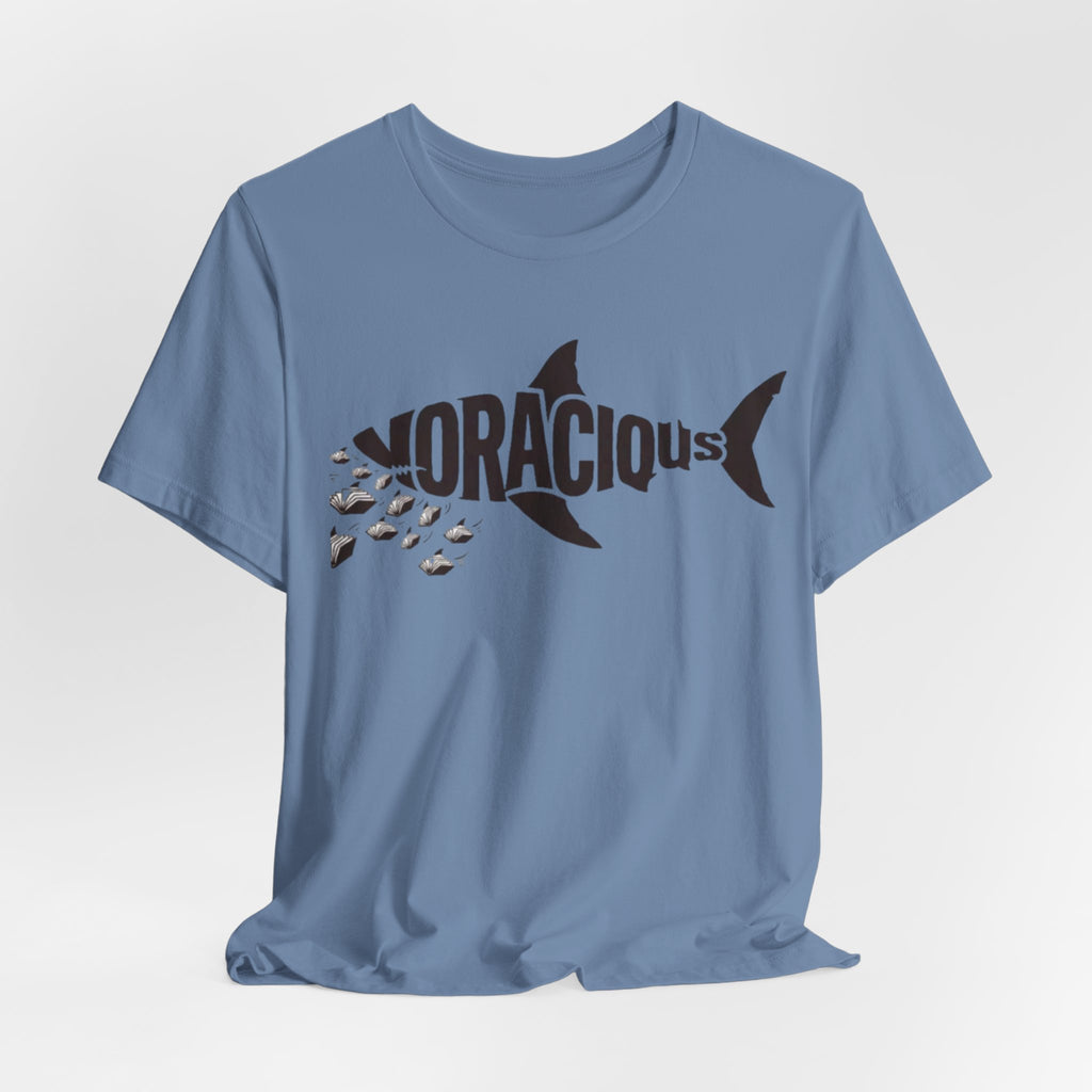 Voracius Reader Shark Graphic Tee — Shark Silhouette with Fish School Design