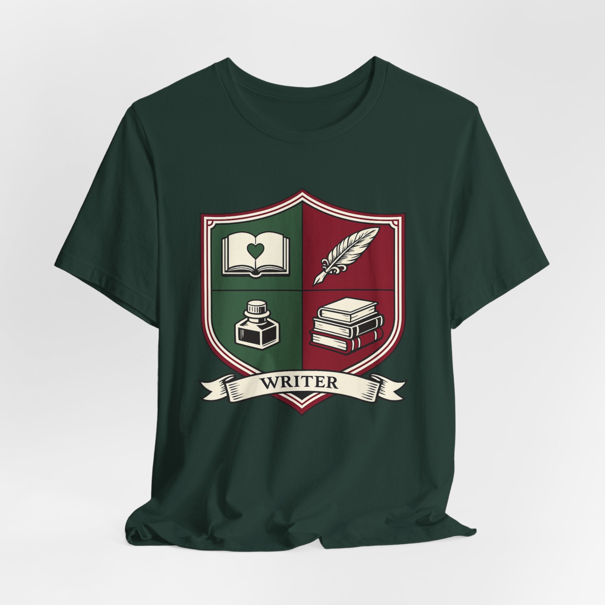 Writer Crest T‑Shirt — Literary Shield Tee with Quill, Books & Ink