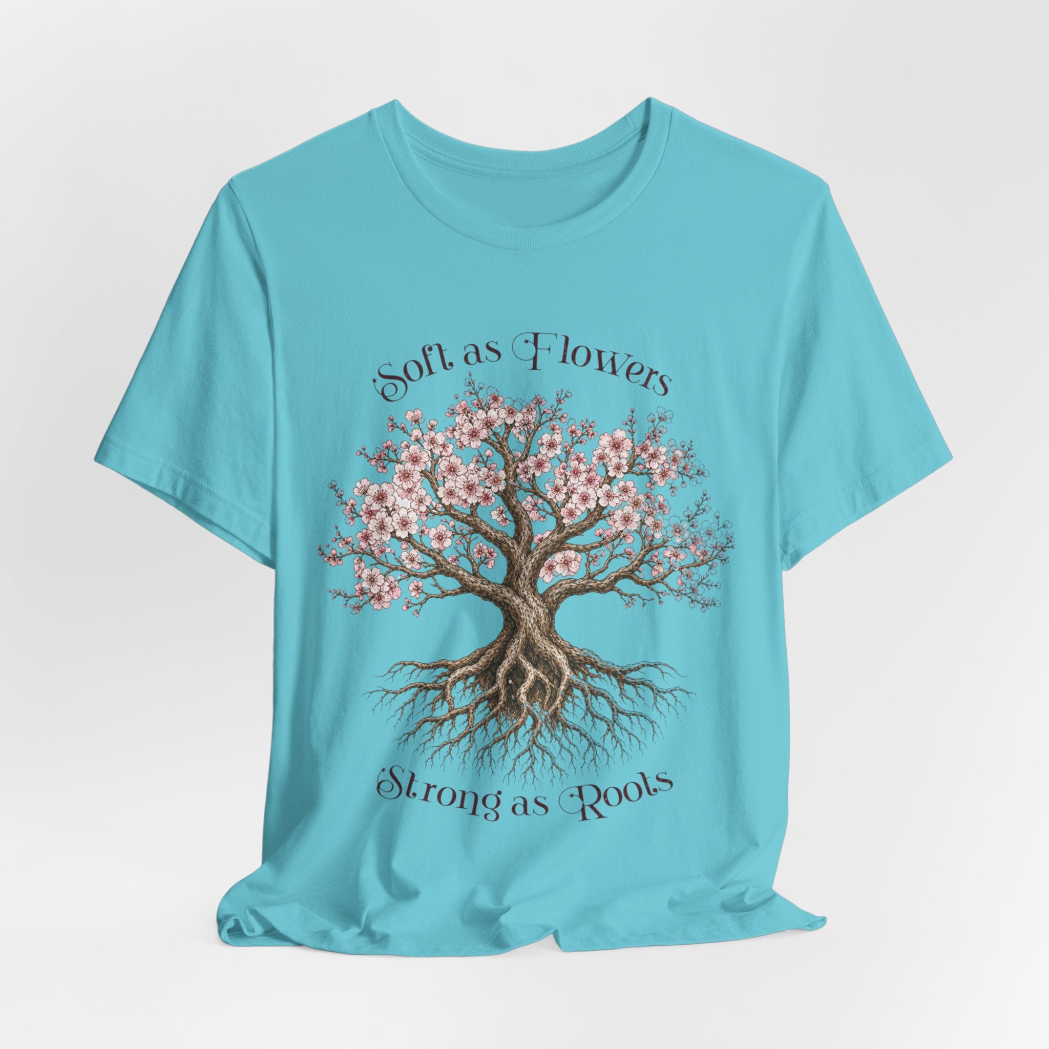 Soft as Flowers Strong as Roots T-Shirt — Cherry Blossom Tree Graphic Tee
