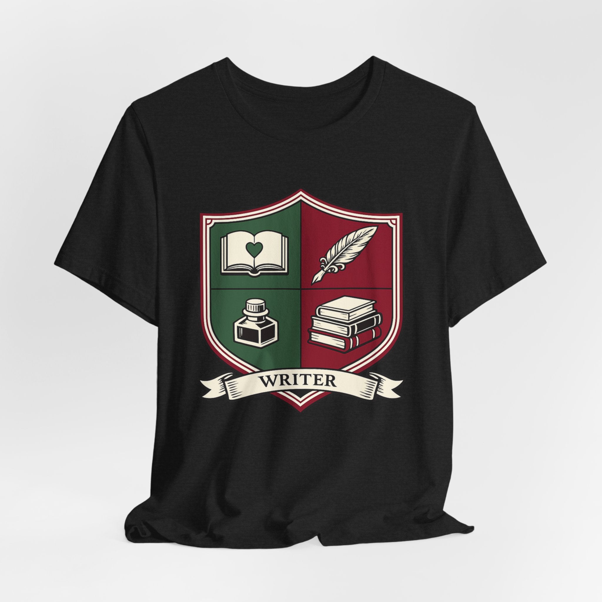 Writer Crest T‑Shirt — Literary Shield Tee with Quill, Books & Ink