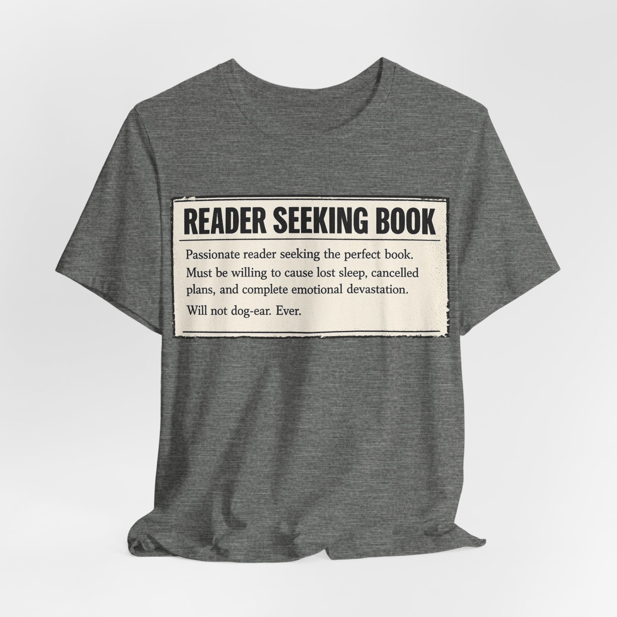 Reader Seeking Book T‑Shirt — Funny Booklover Tee ("Reader Seeking Book")