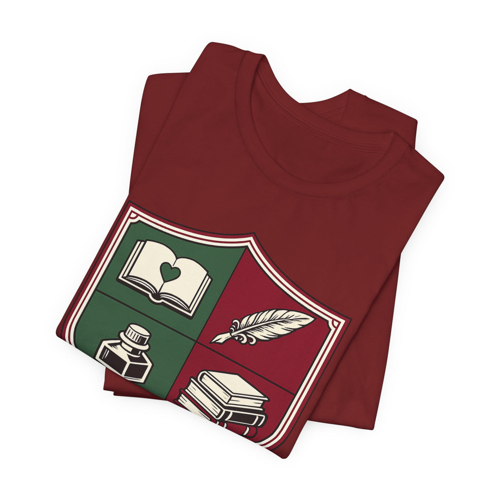 Writer Crest T‑Shirt — Literary Shield Tee with Quill, Books & Ink