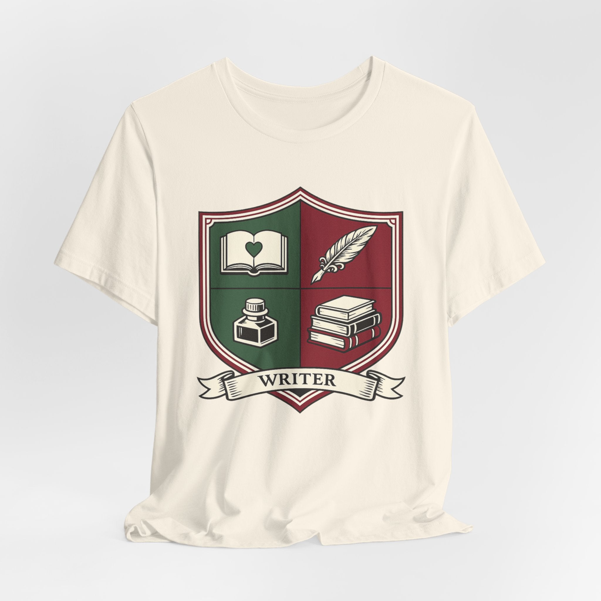 Writer Crest T‑Shirt — Literary Shield Tee with Quill, Books & Ink