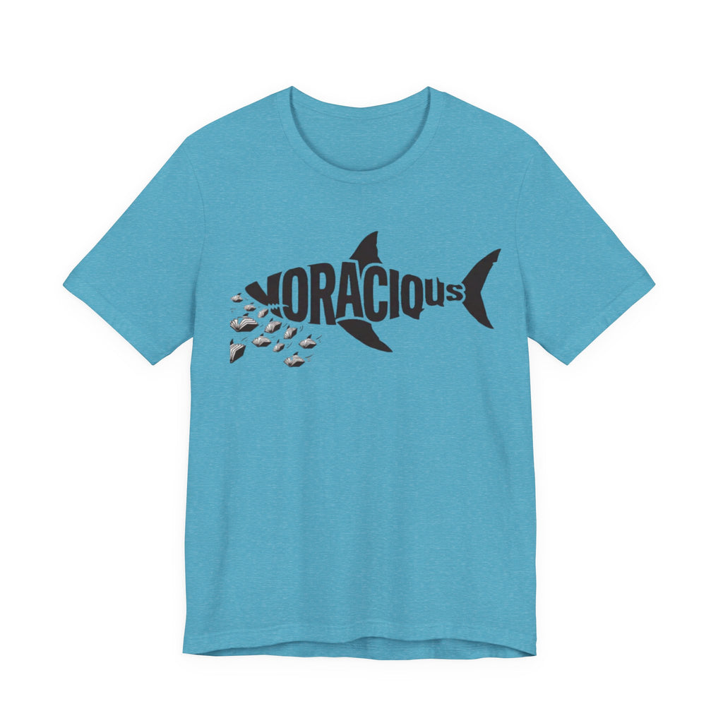 Voracius Reader Shark Graphic Tee — Shark Silhouette with Fish School Design