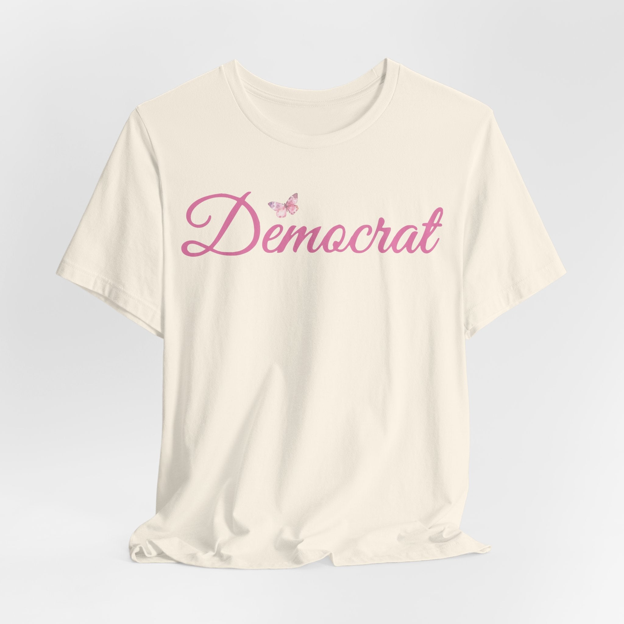 Democrat Butterfly Tee — Pink Script Political T‑Shirt