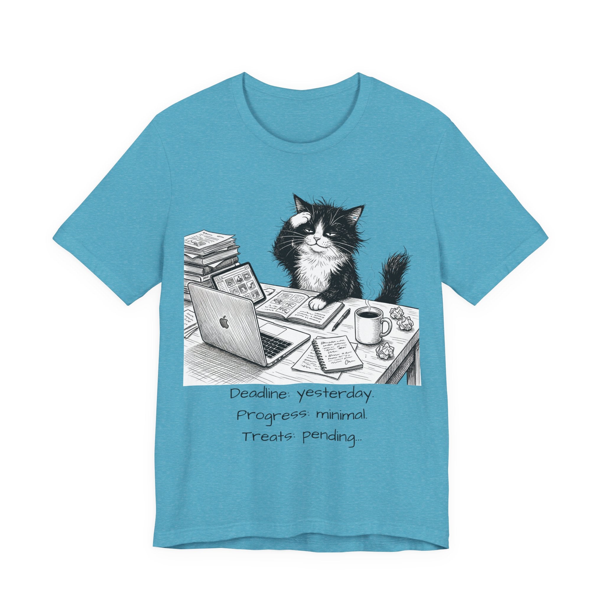 “Deadline yesterday, Progress normal, Treats pending” Cute Office Cat Tee