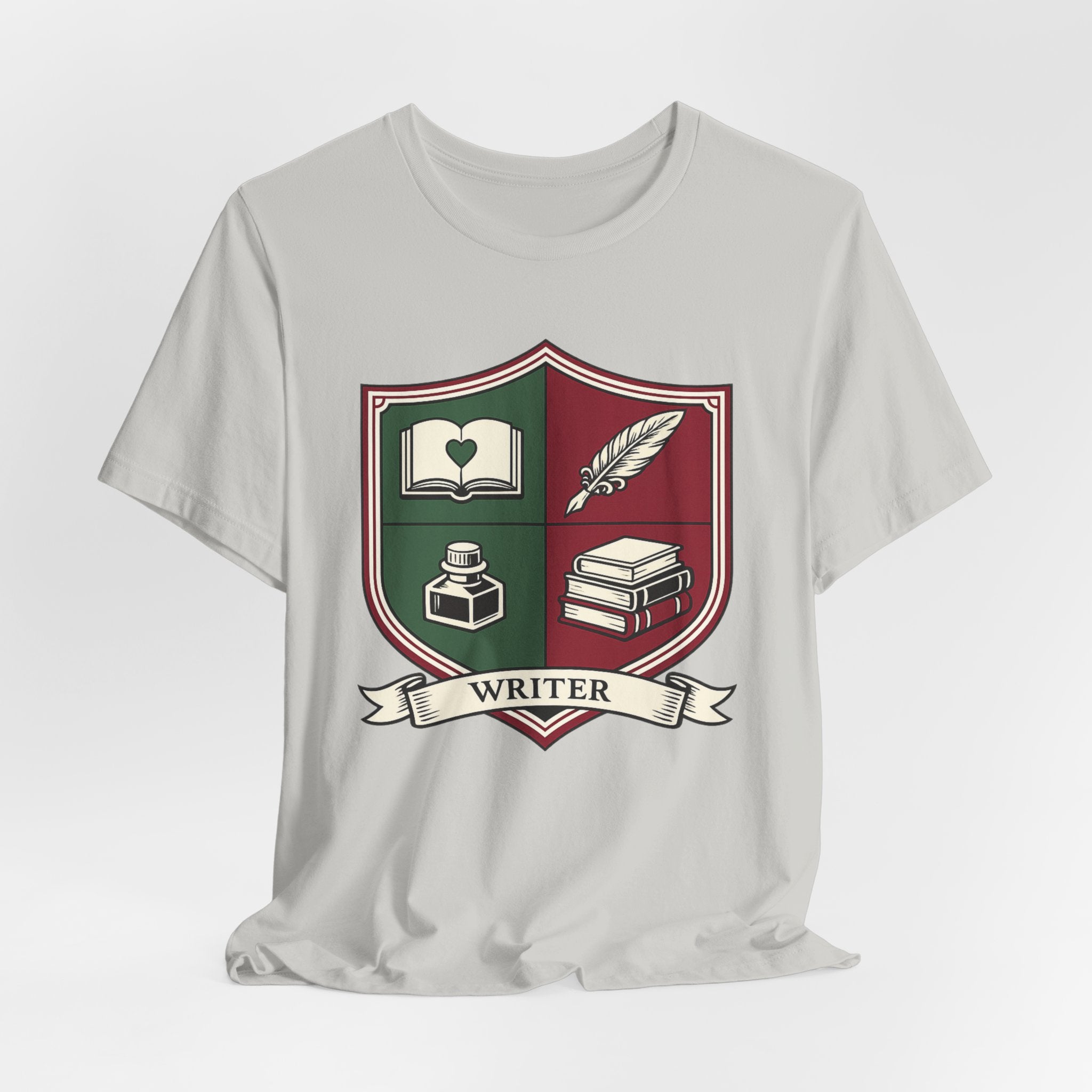 Writer Crest T‑Shirt — Literary Shield Tee with Quill, Books & Ink