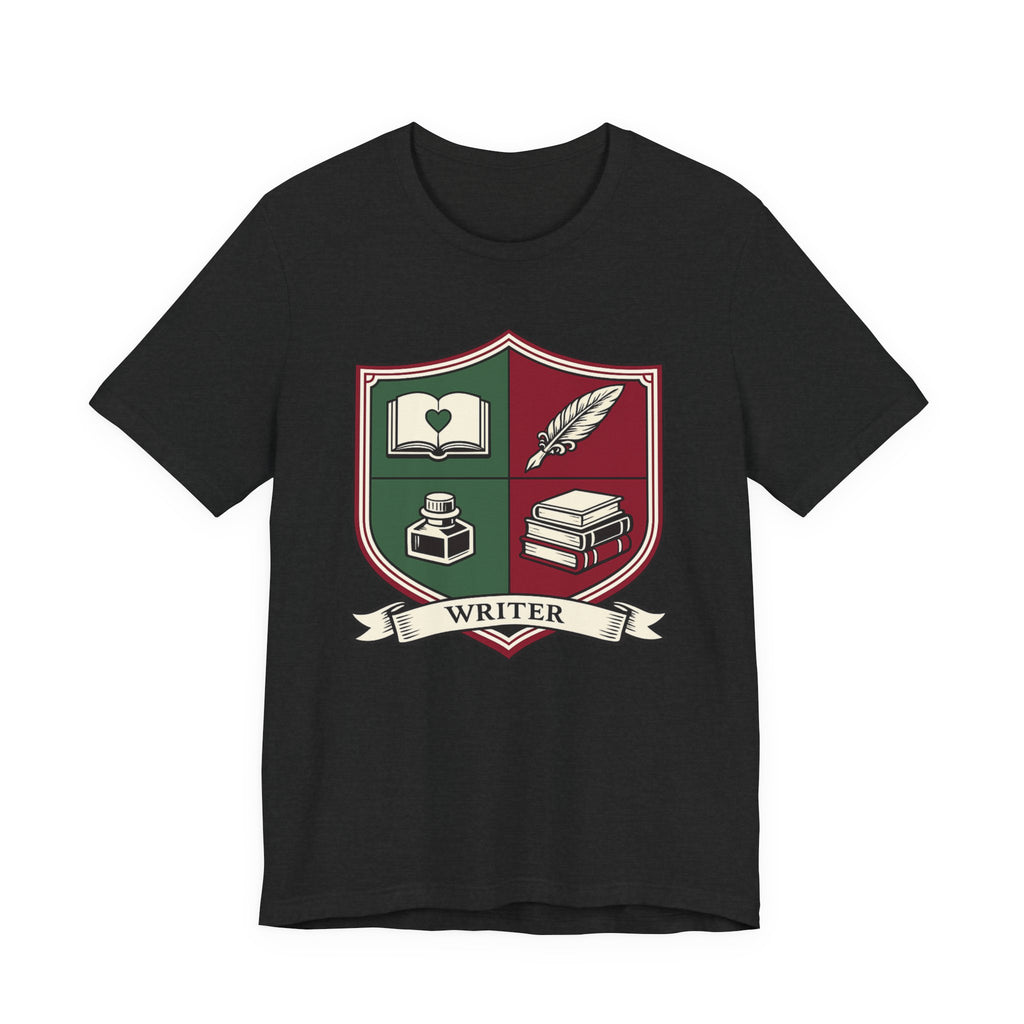 Writer Crest T‑Shirt — Literary Shield Tee with Quill, Books & Ink