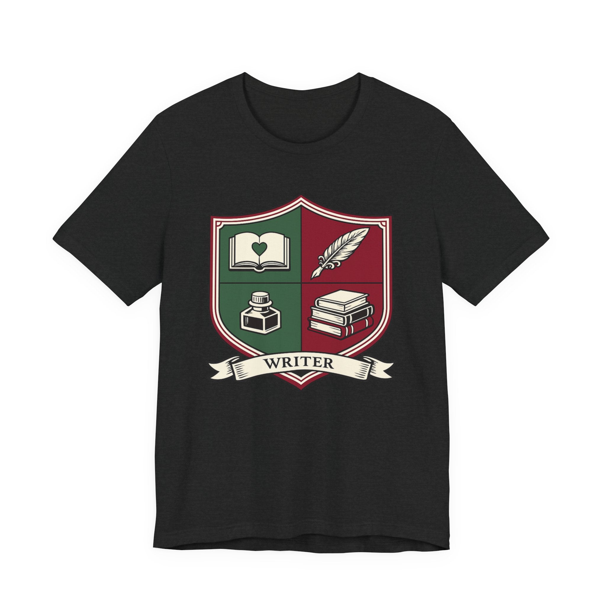 Writer Crest T‑Shirt — Literary Shield Tee with Quill, Books & Ink
