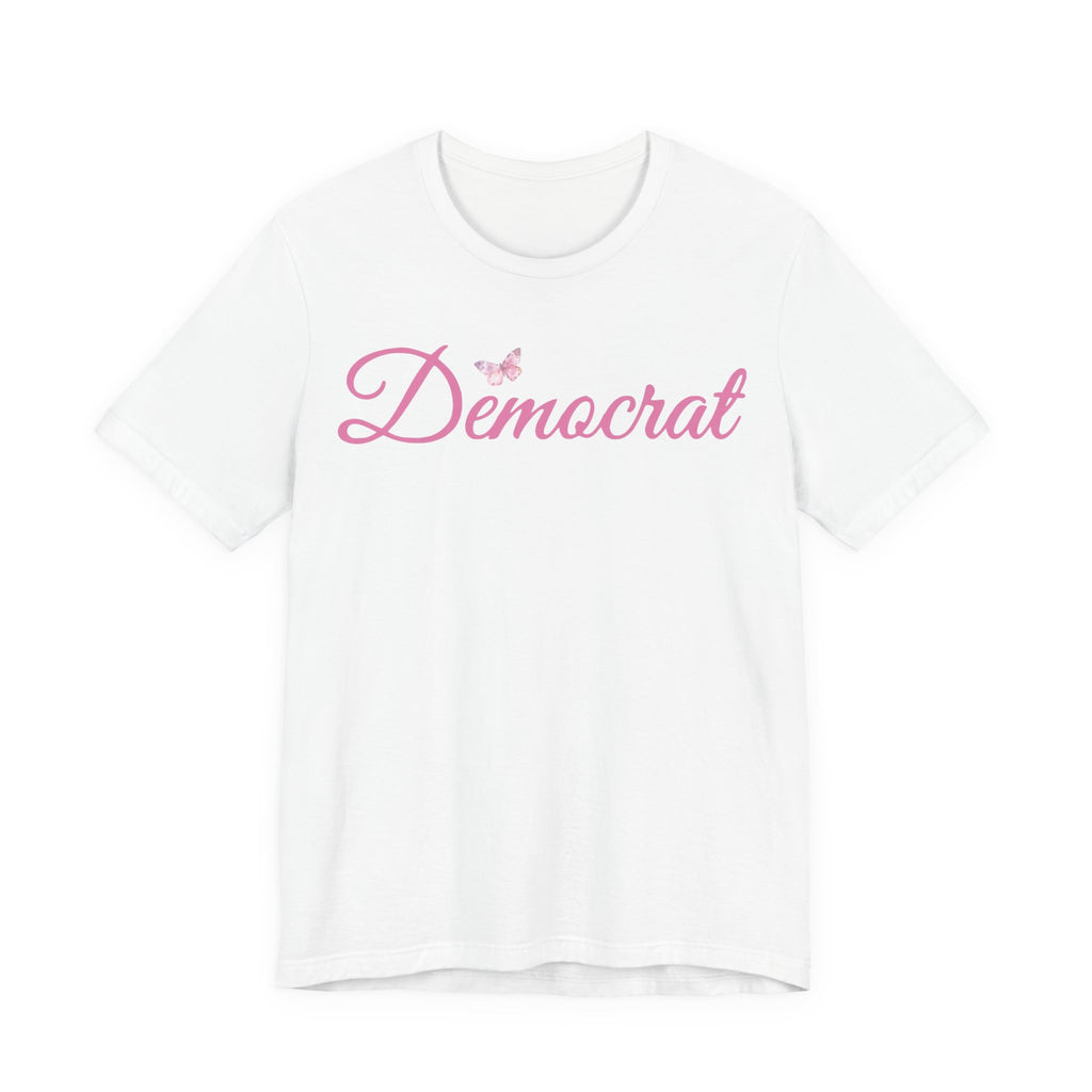 Democrat Butterfly Tee — Pink Script Political T‑Shirt
