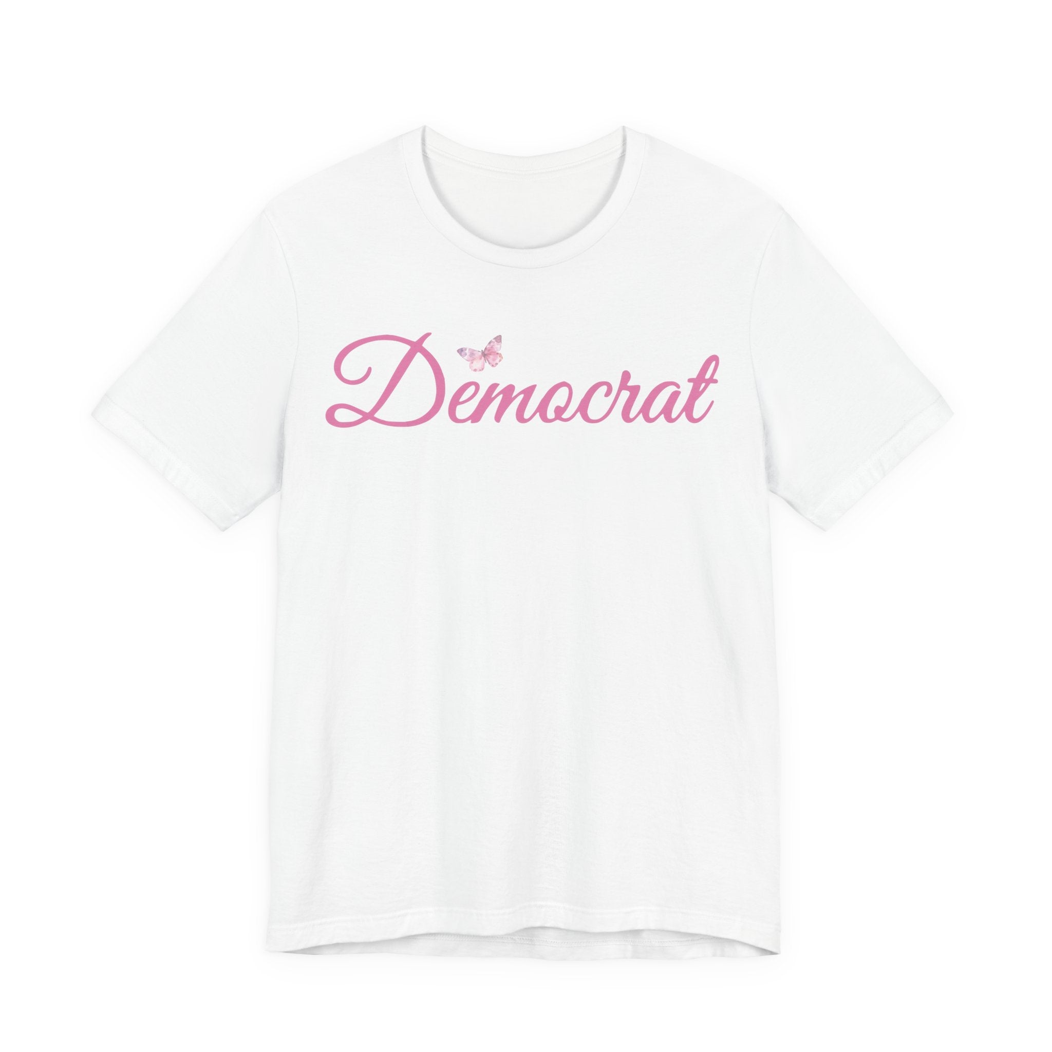Democrat Butterfly Tee — Pink Script Political T‑Shirt