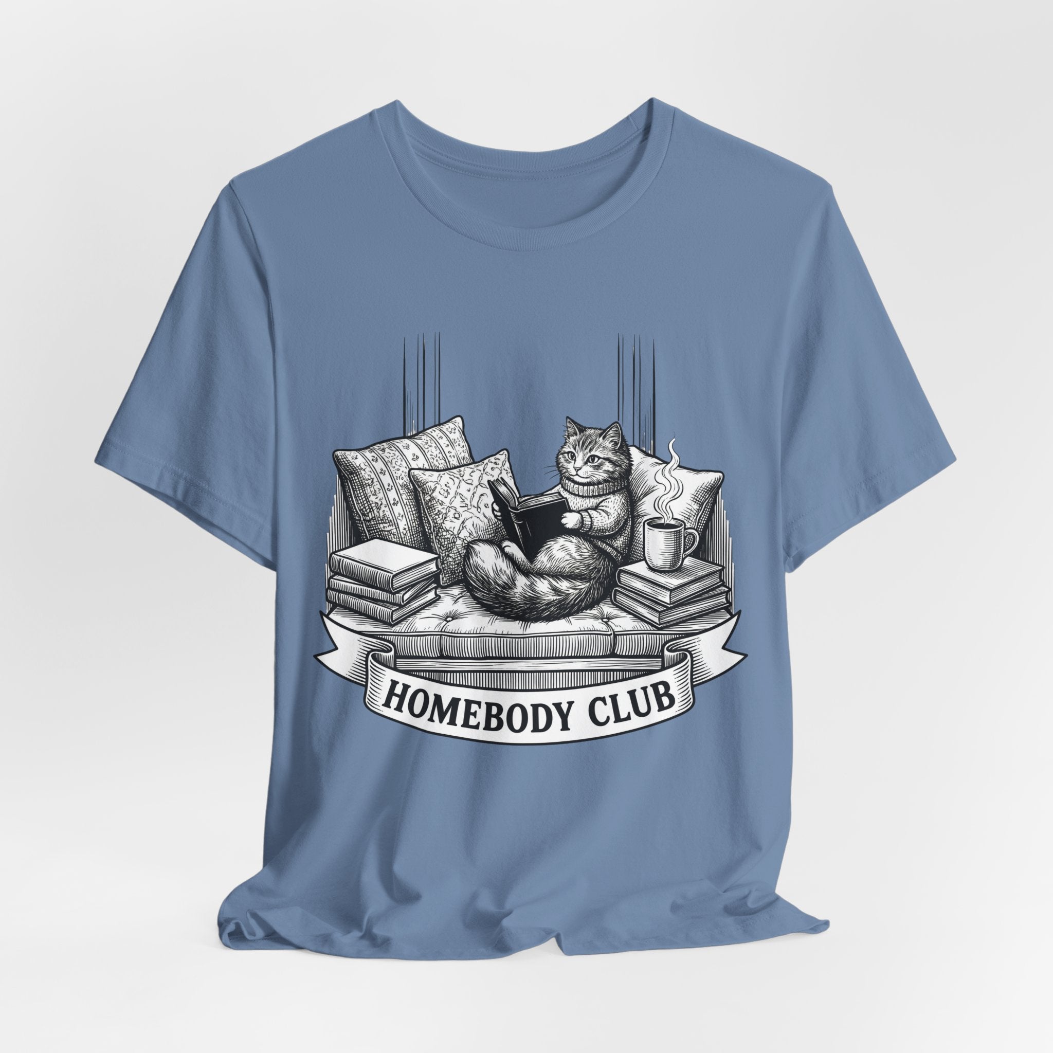 Homebody Club T-Shirt — Cozy Cat Reading Graphic Tee